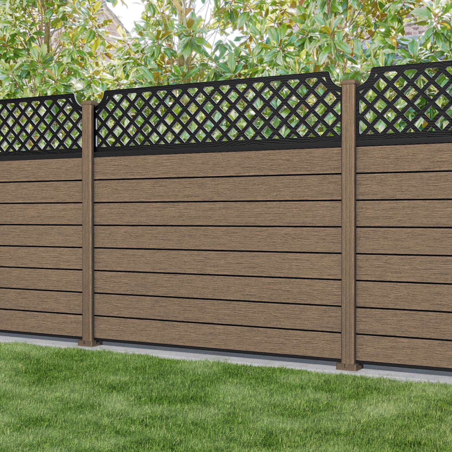 Fusion Regal Hive Fence Panel - Teak - with our composite posts