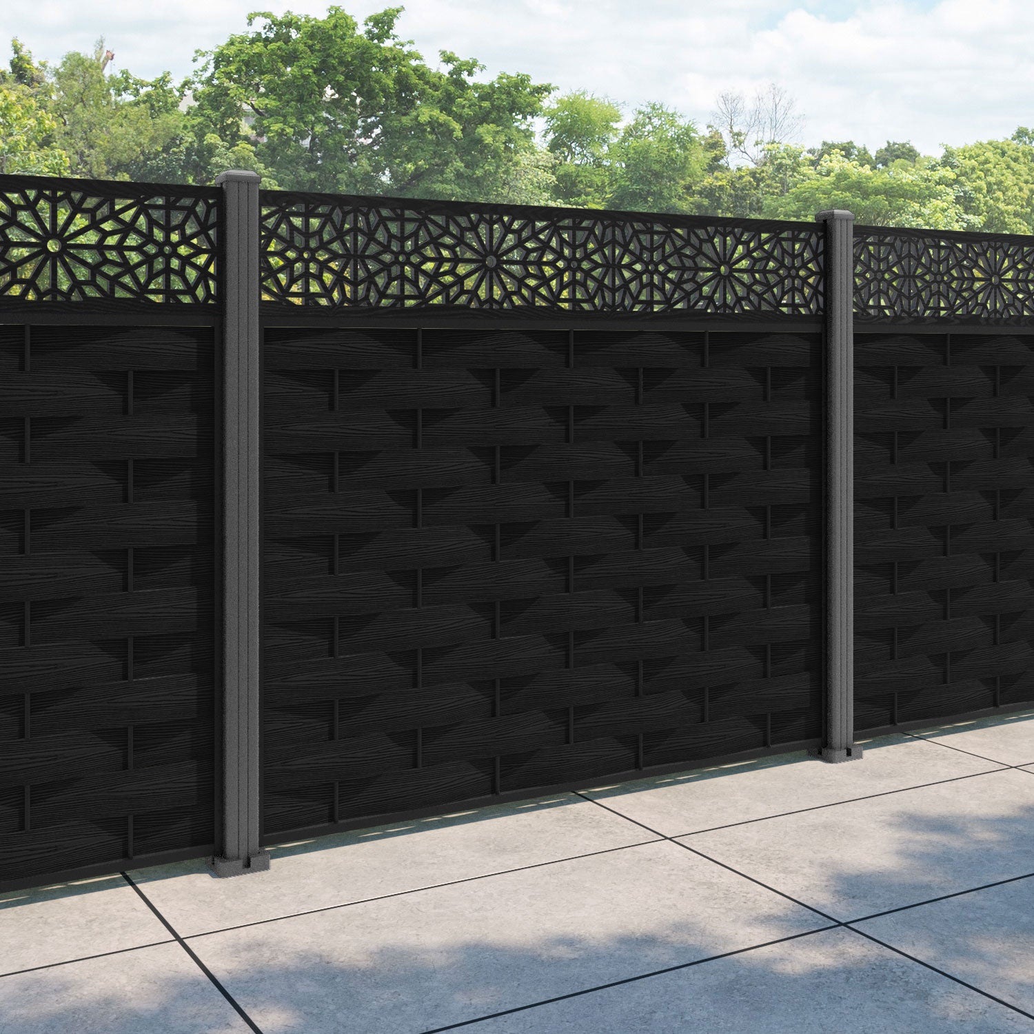 Ripple Alnara Fence Panel - Black - with our aluminium posts