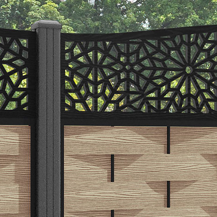 Ripple Alnara Curved Top Fence Panel - Light Oak - with our aluminium posts