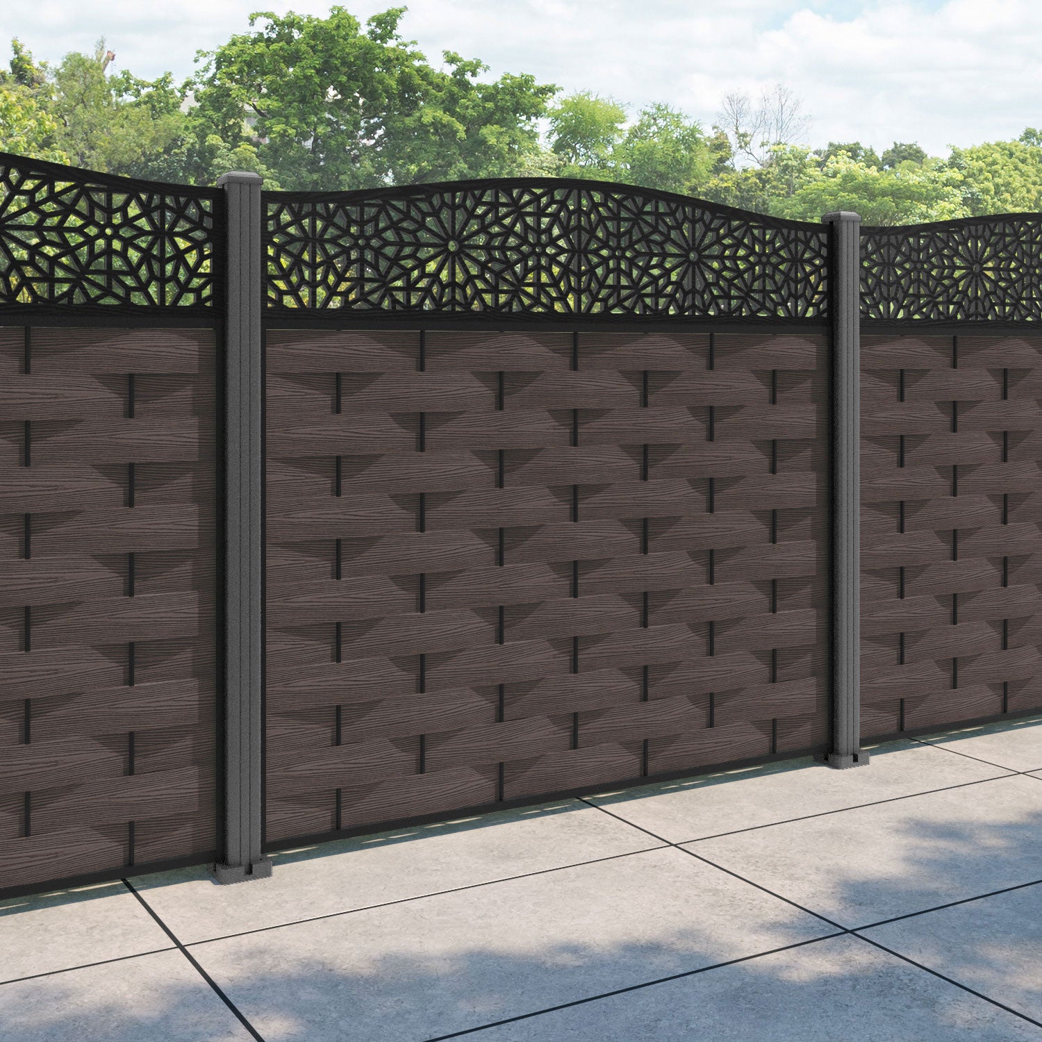 Ripple Alnara Curved Top Fence Panel - Mid Brown - with our aluminium posts