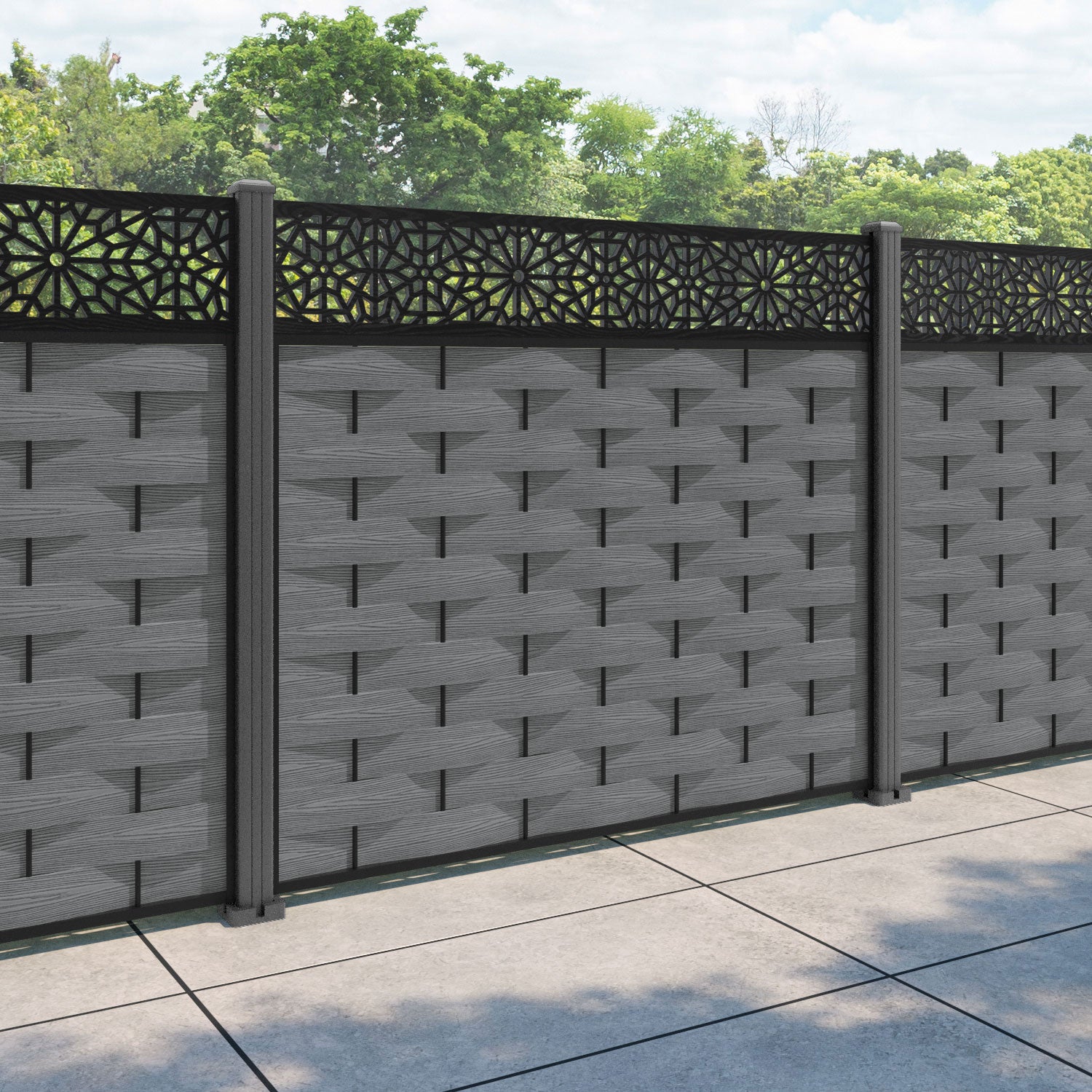 Ripple Alnara Fence Panel - Mid Grey - with our aluminium posts