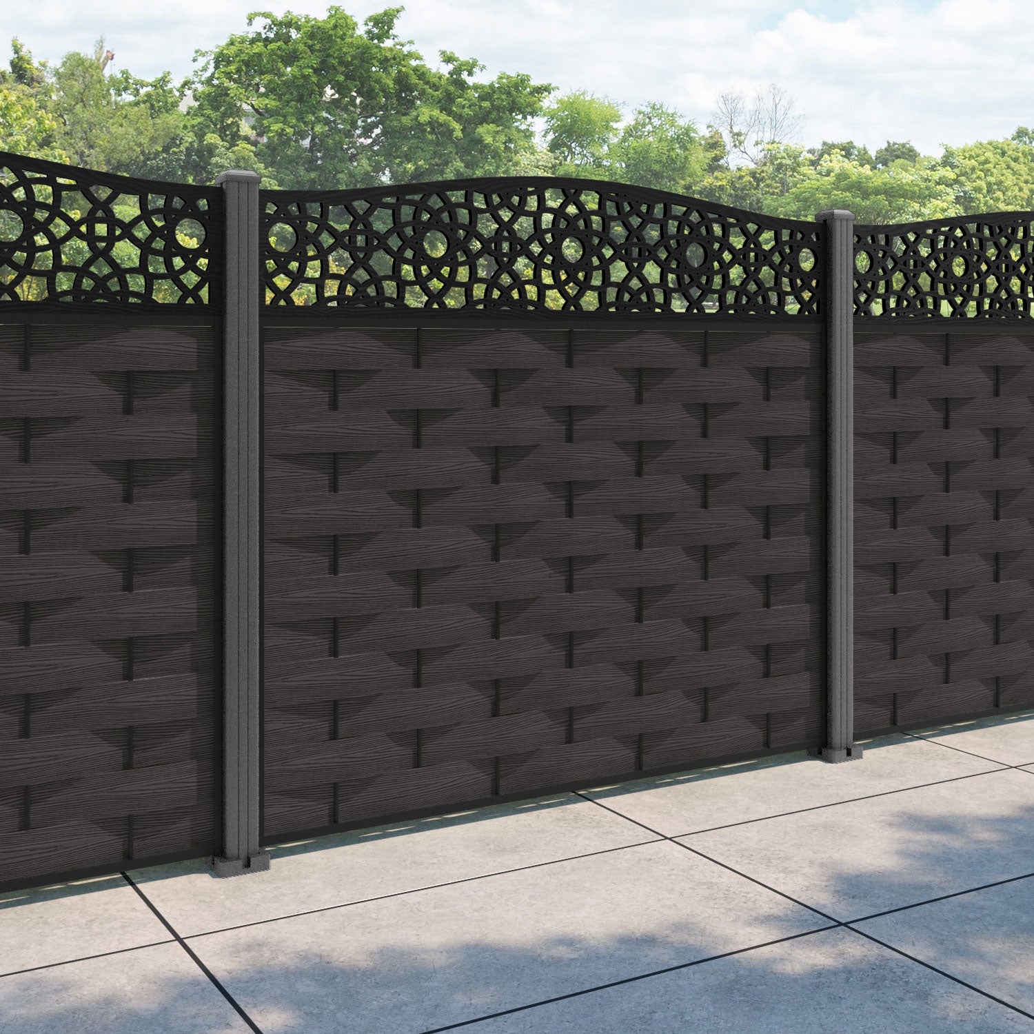 Ripple Ambar Curved Top Fence Panel - Dark Oak - with our aluminium posts