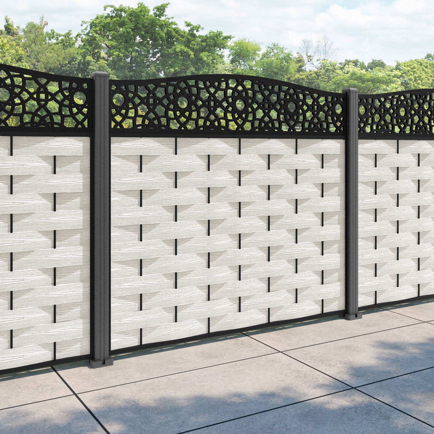 Ripple Ambar Curved Top Fence Panel - Light Stone - with our aluminium posts