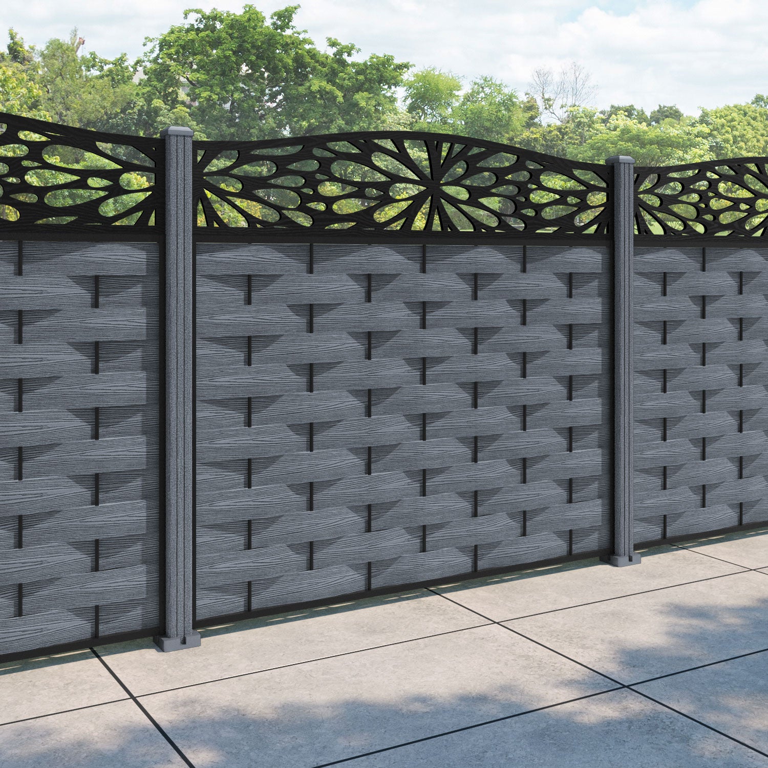 Ripple Blossom Curved Top Fence Panel - Anthracite - with our composite posts