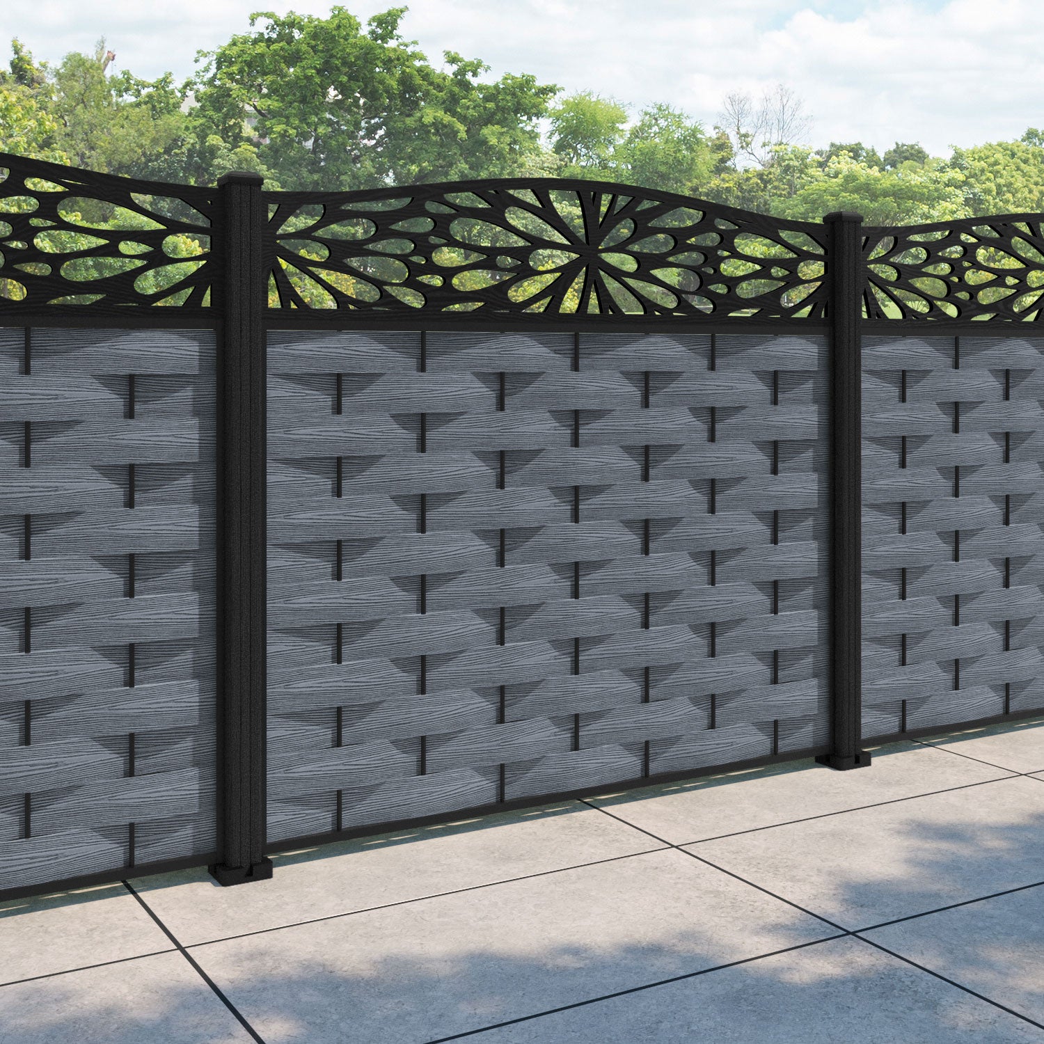 Ripple Blossom Curved Top Fence Panel - Anthracite - with our composite posts