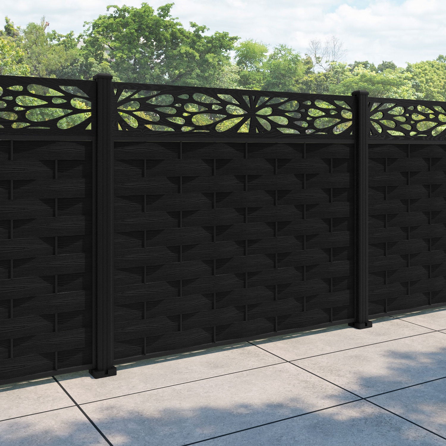 Ripple Blossom Fence Panel - Black - with our aluminium posts