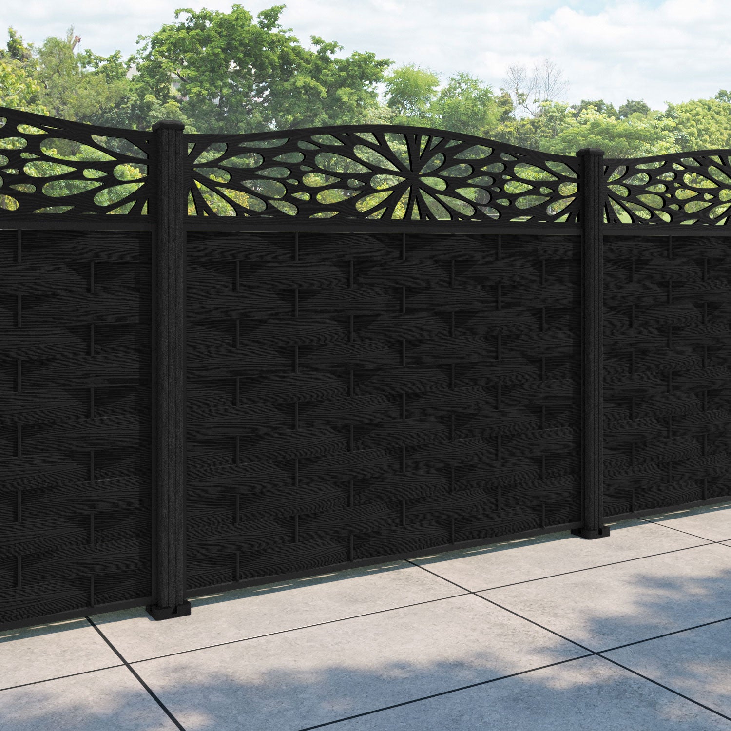 Ripple Blossom Curved Top Fence Panel - Black - with our composite posts