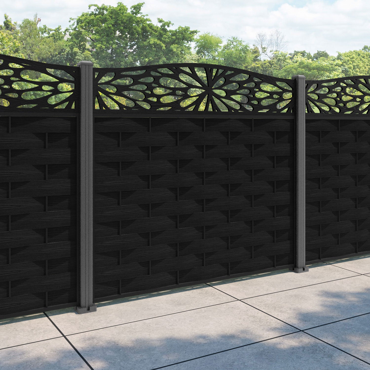 Ripple Blossom Curved Top Fence Panel - Black - with our aluminium posts