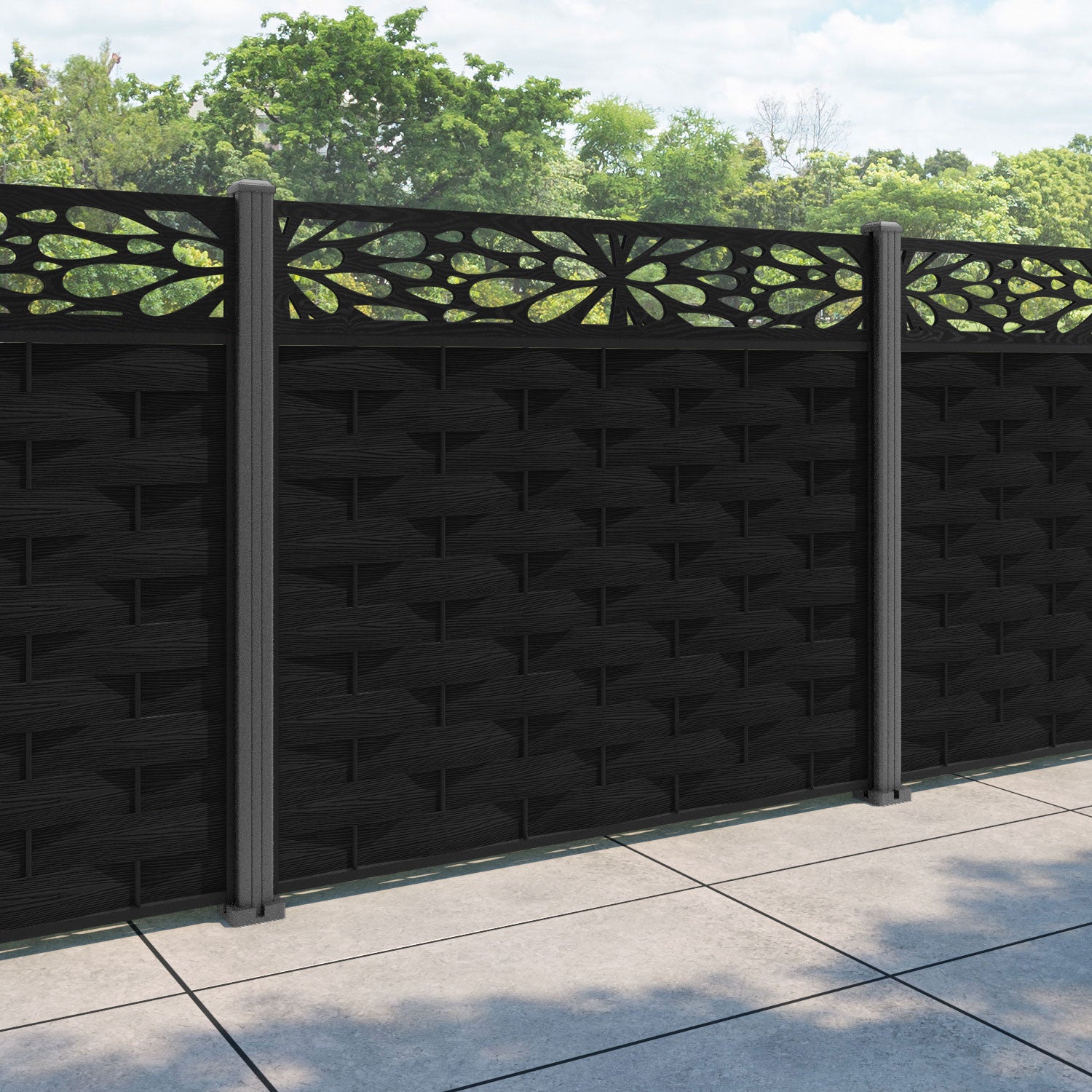 Ripple Blossom Fence Panel - Black - with our aluminium posts