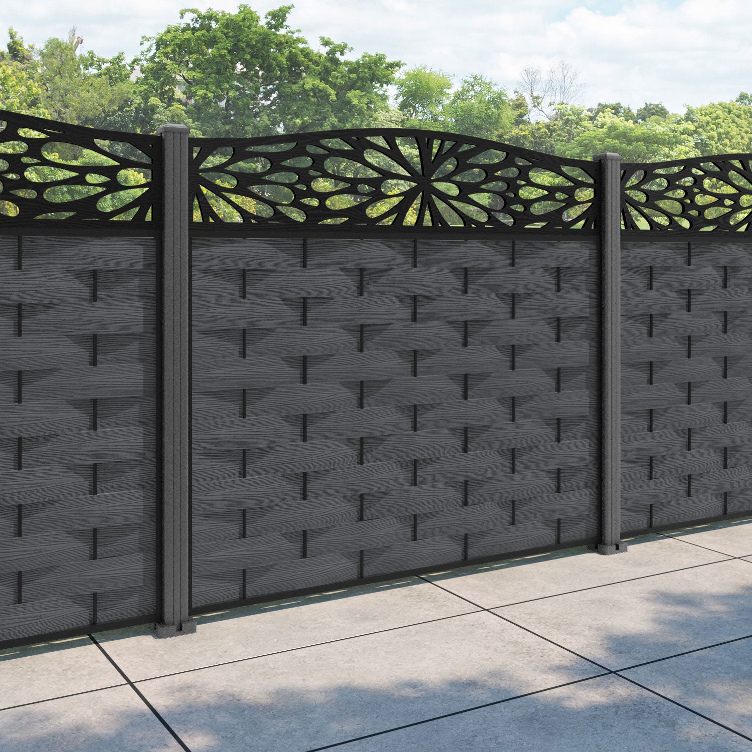 Ripple Blossom Curved Top Fence Panel - Dark Grey - with our aluminium posts