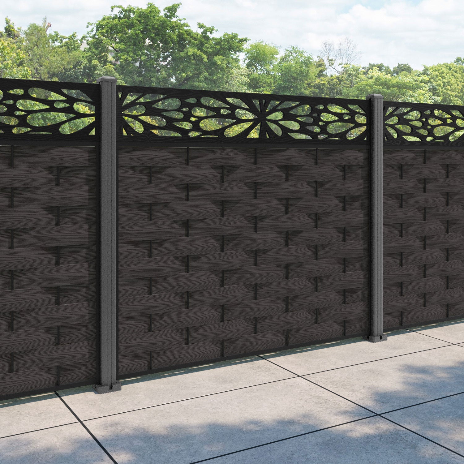 Ripple Blossom Fence Panel - Dark Oak - with our aluminium posts