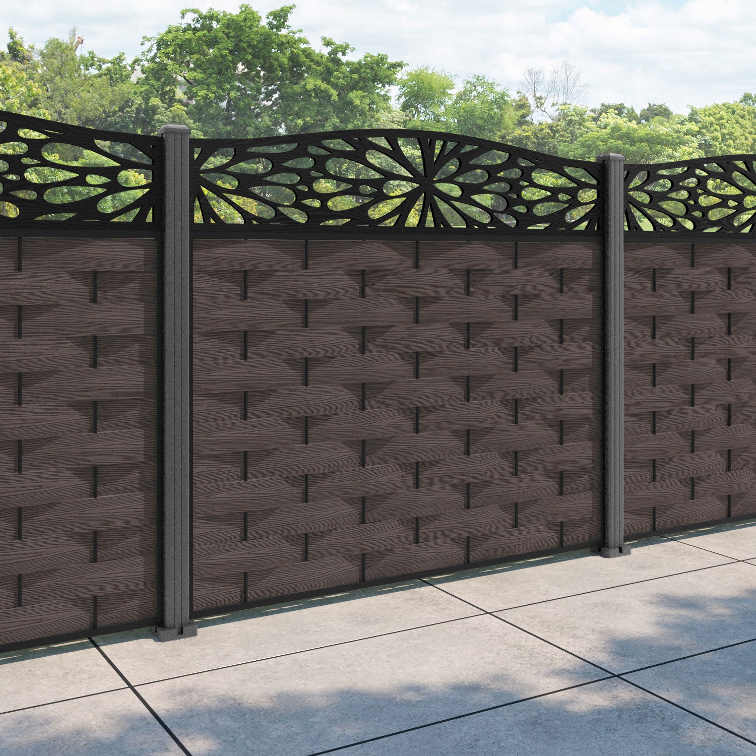 Ripple Blossom Curved Top Fence Panel - Mid Brown - with our aluminium posts