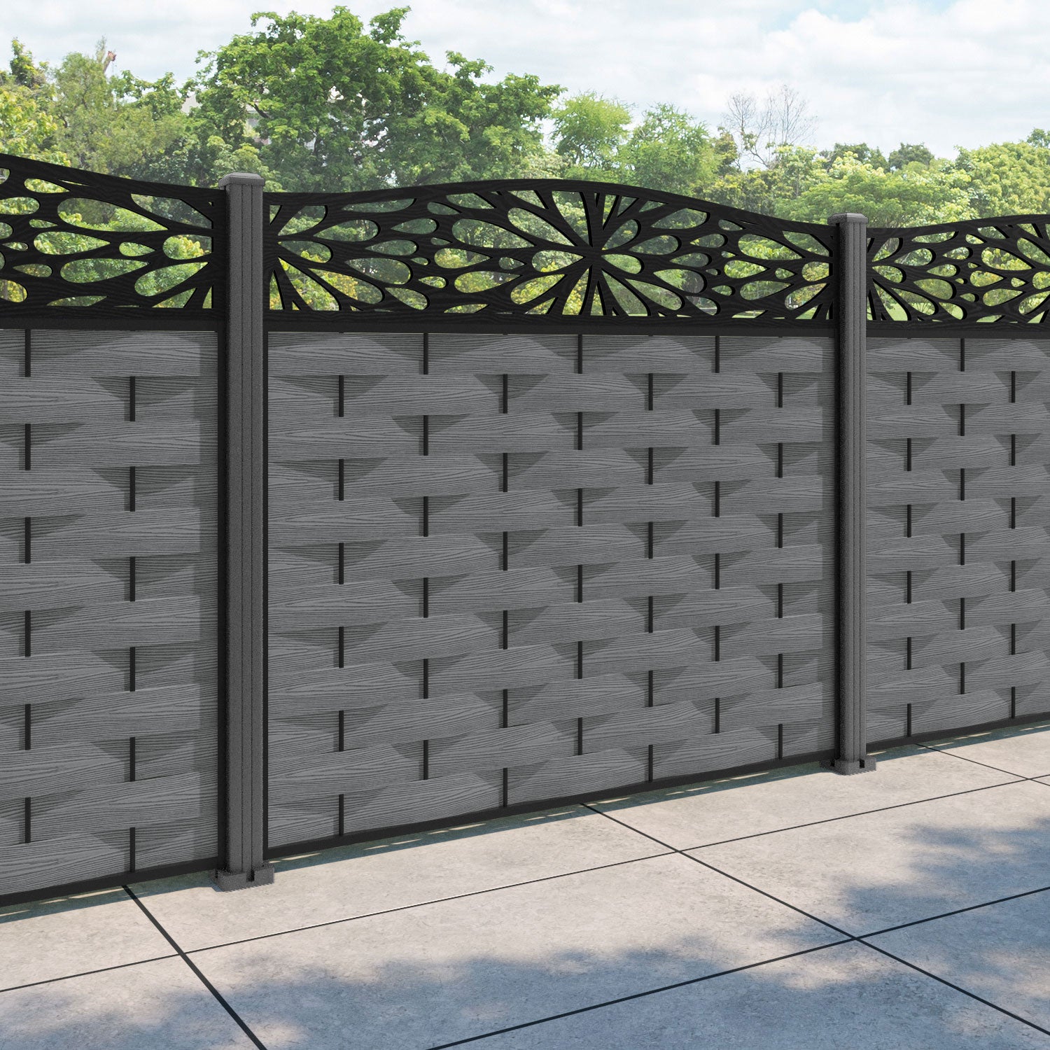 Ripple Blossom Curved Top Fence Panel - Mid Grey - with our aluminium posts