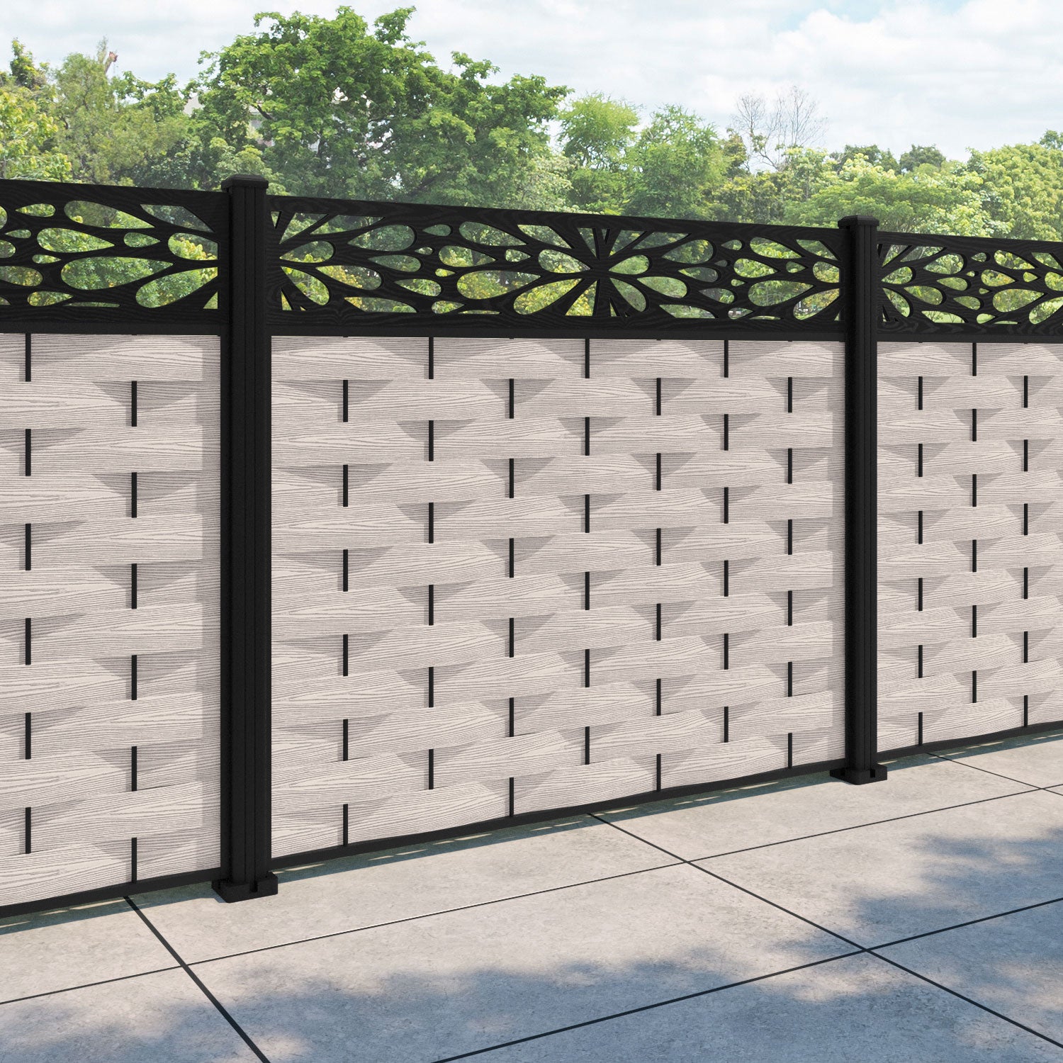 Ripple Blossom Fence Panel - Mid Stone - with our aluminium posts