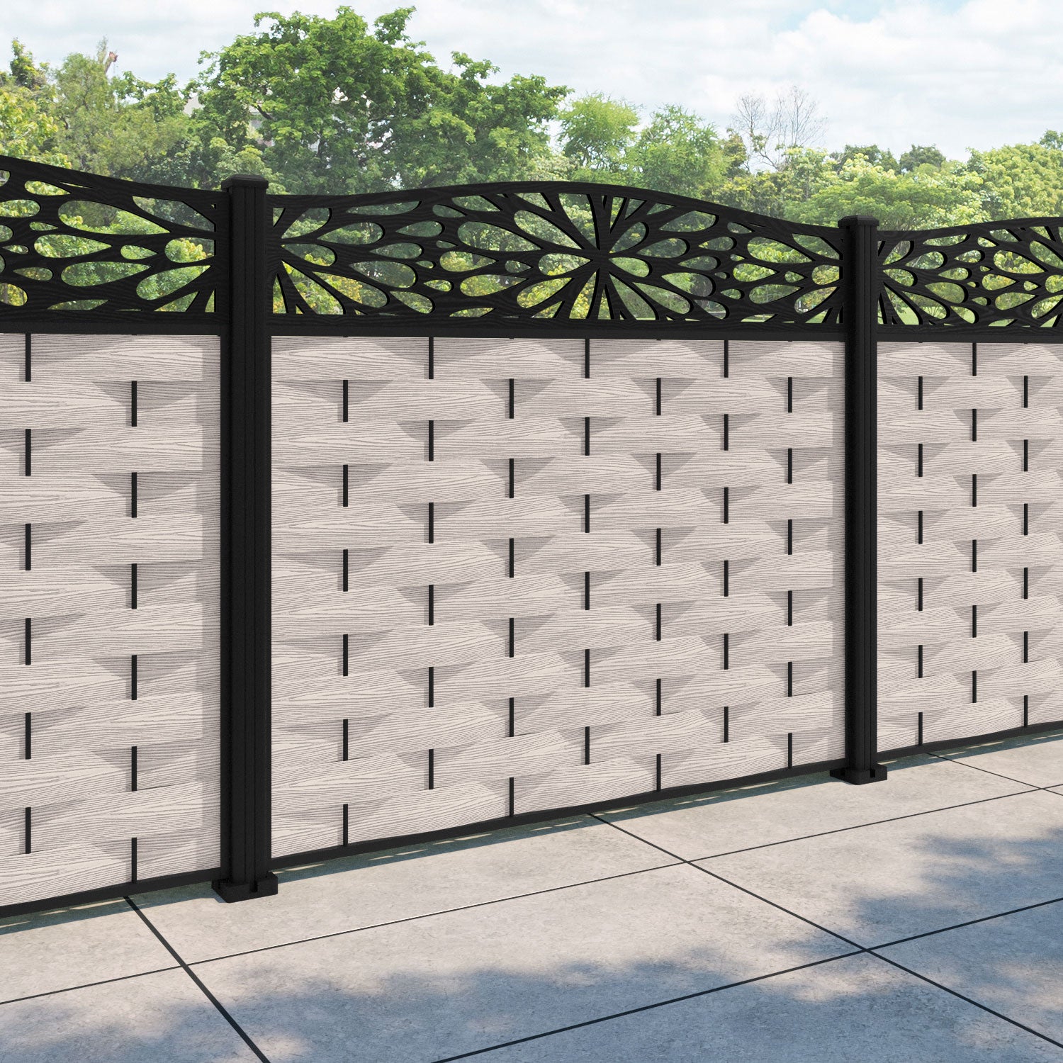 Ripple Blossom Curved Top Fence Panel - Mid Stone - with our aluminium posts