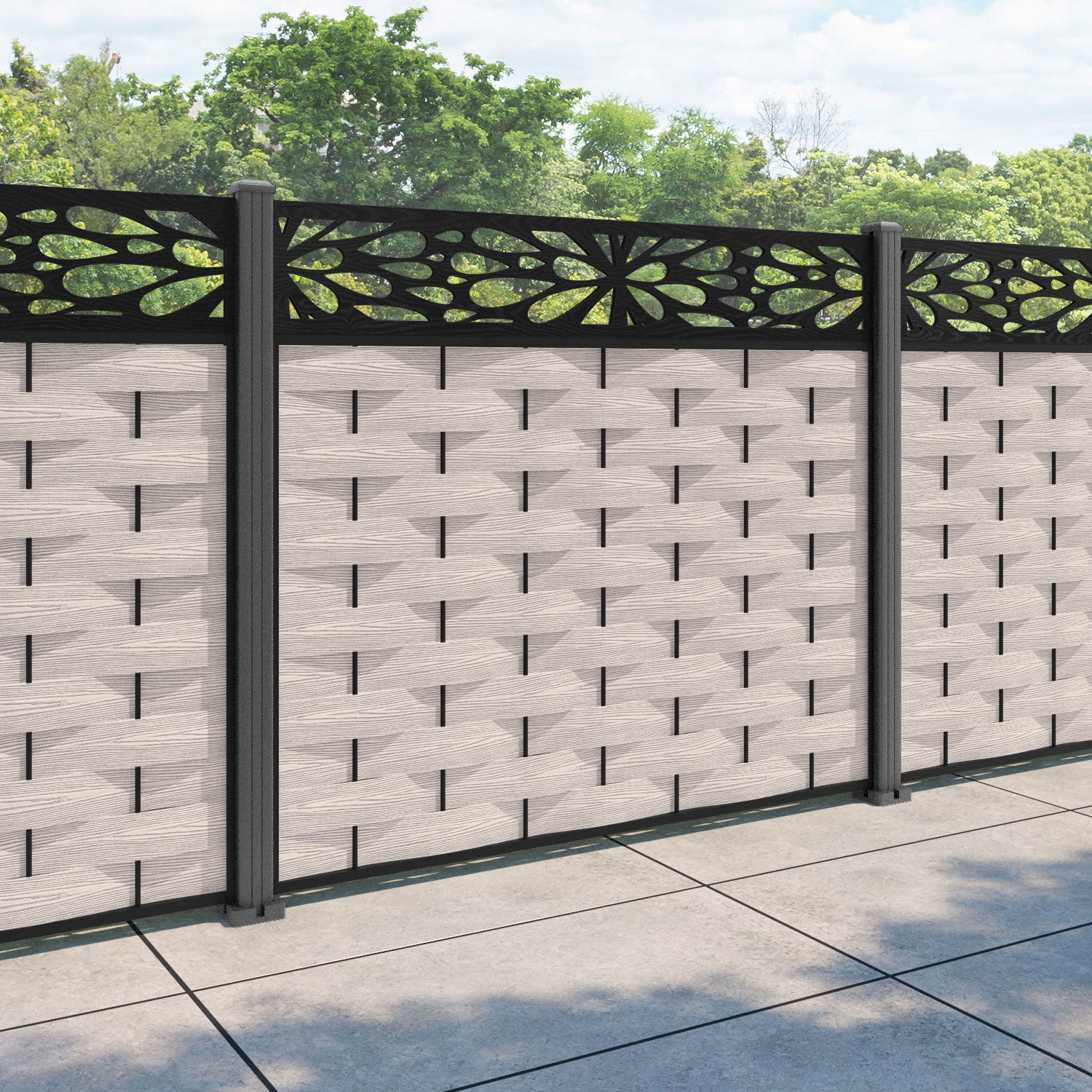 Ripple Blossom Fence Panel - Mid Stone - with our aluminium posts