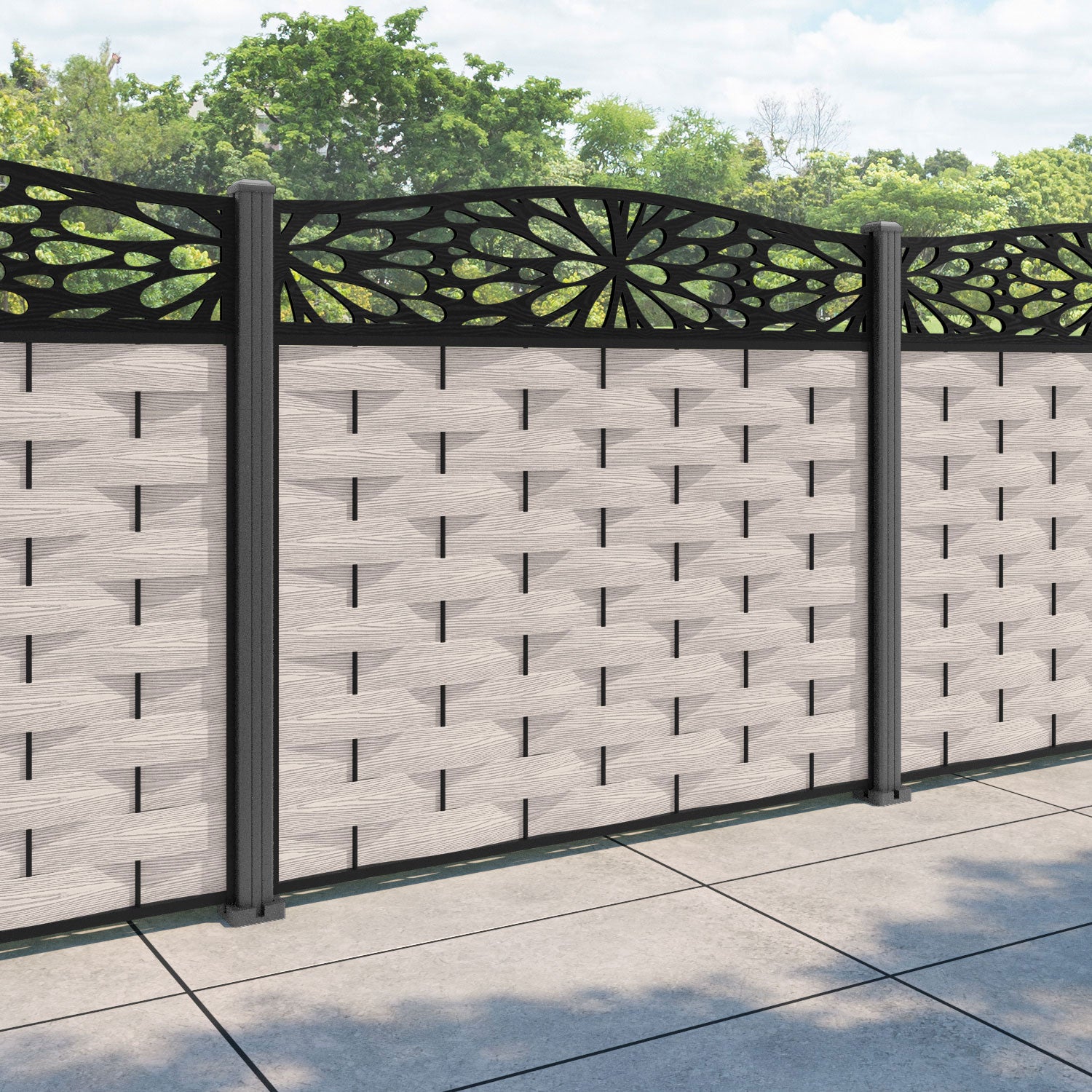 Ripple Blossom Curved Top Fence Panel - Mid Stone - with our aluminium posts
