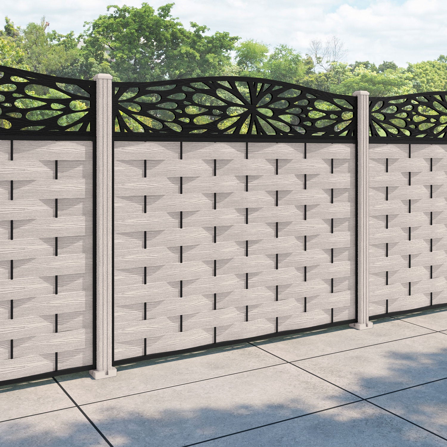 Ripple Blossom Curved Top Fence Panel - Mid Stone - with our composite posts
