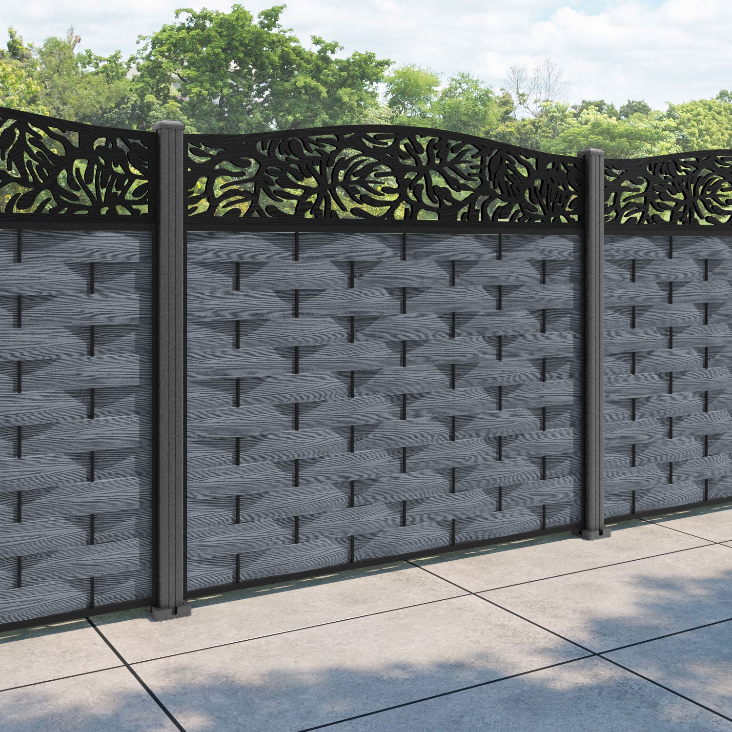 Ripple Botanic Curved Top Fence Panel - Anthracite - with our aluminium posts