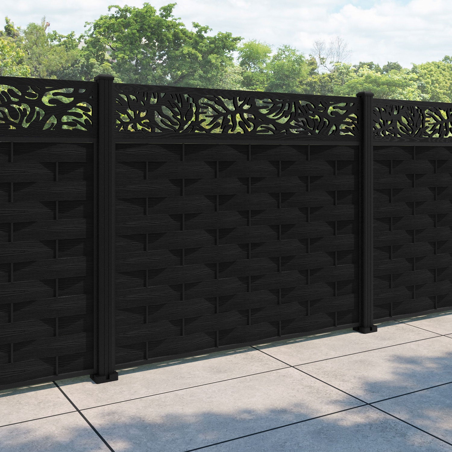 Ripple Botanic Fence Panel - Black - with our aluminium posts