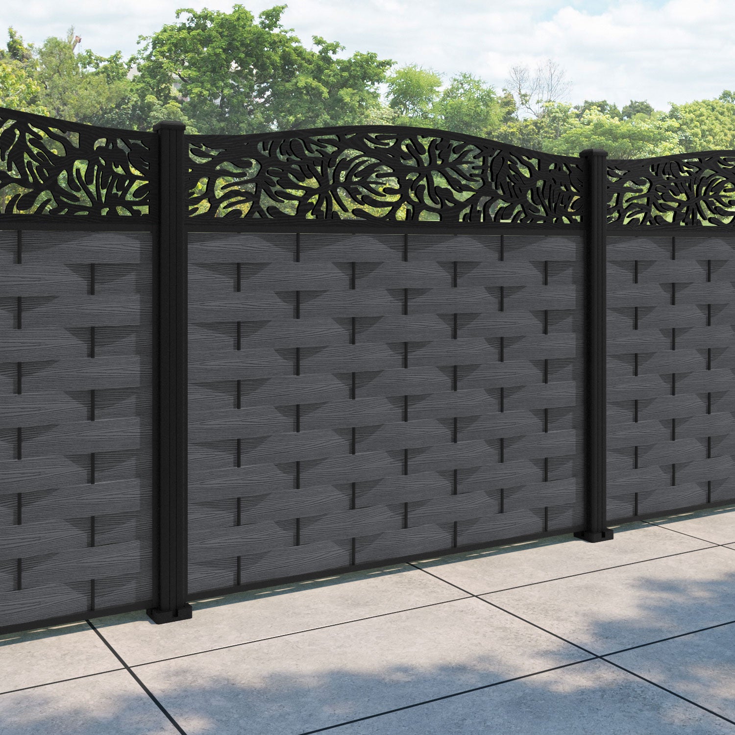 Ripple Botanic Curved Top Fence Panel - Dark Grey - with our aluminium posts