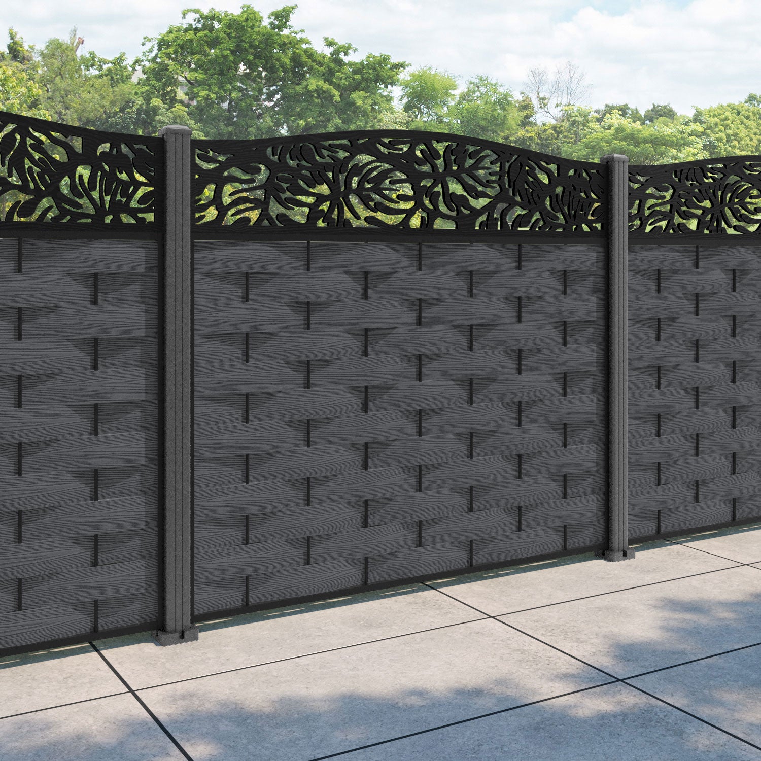 Ripple Botanic Curved Top Fence Panel - Dark Grey - with our aluminium posts