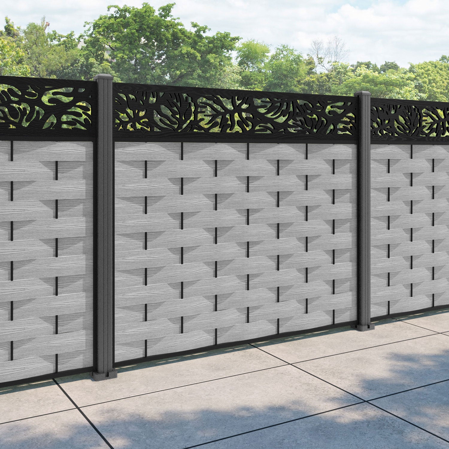 Ripple Botanic Fence Panel - Light Grey - with our aluminium posts