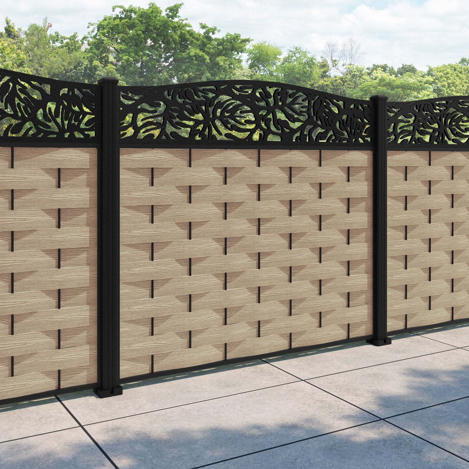 Ripple Botanic Curved Top Fence Panel - Light Oak - with our aluminium posts