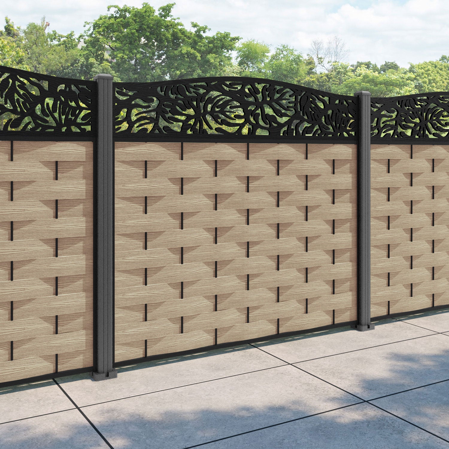 Ripple Botanic Curved Top Fence Panel - Light Oak - with our aluminium posts