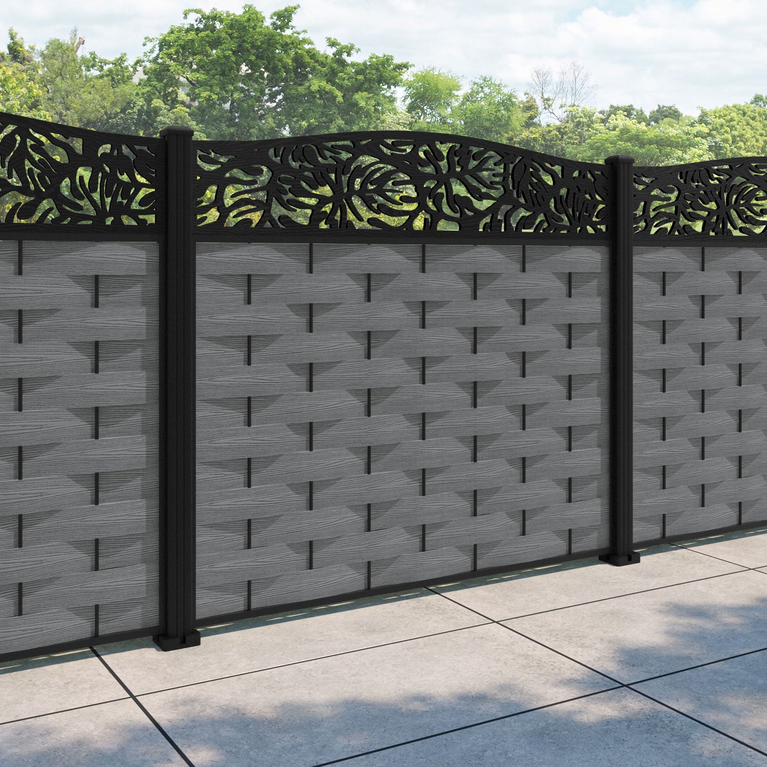 Ripple Botanic Curved Top Fence Panel - Mid Grey - with our aluminium posts
