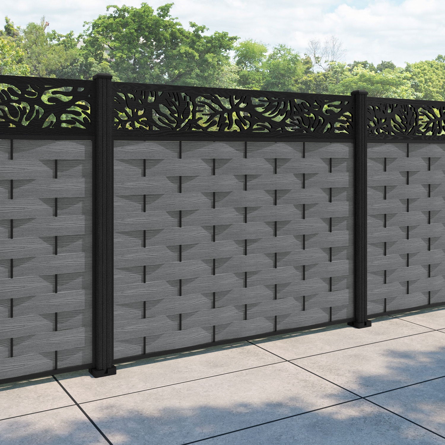 Ripple Botanic Fence Panel - Mid Grey - with our composite posts