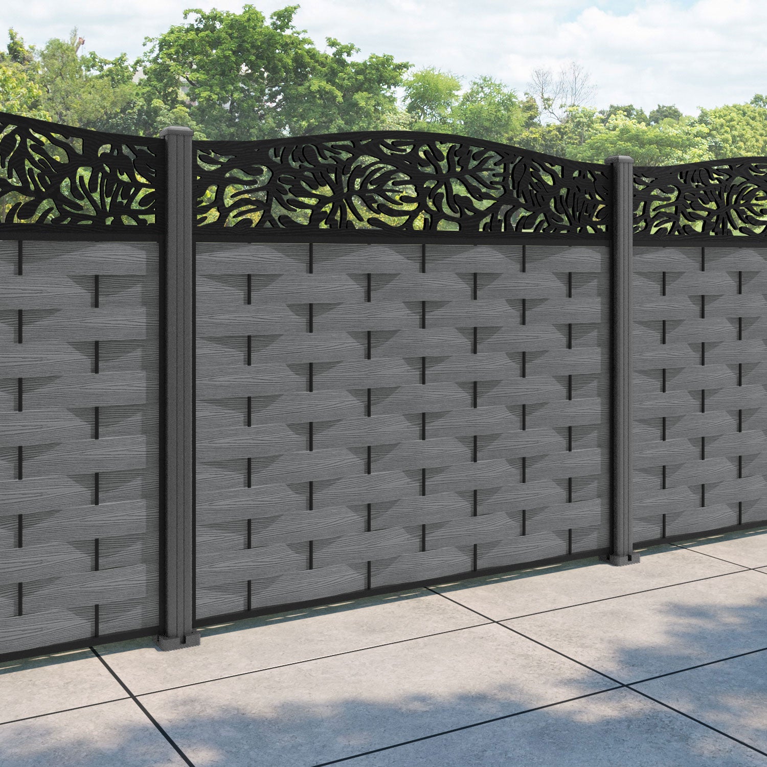 Ripple Botanic Curved Top Fence Panel - Mid Grey - with our aluminium posts