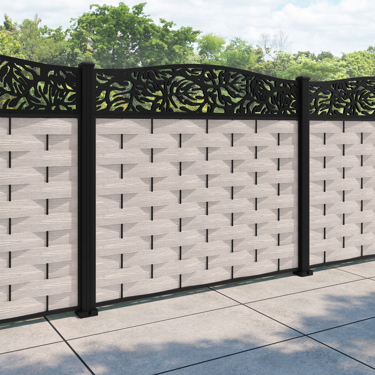 Ripple Botanic Curved Top Fence Panel - Mid Stone - with our aluminium posts