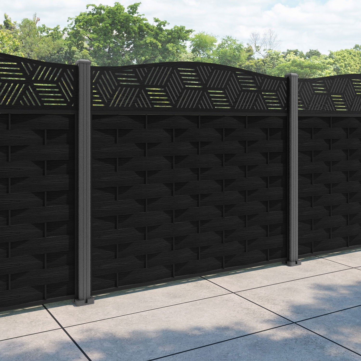 Ripple Cubed Curved Top Fence Panel - Black - with our aluminium posts
