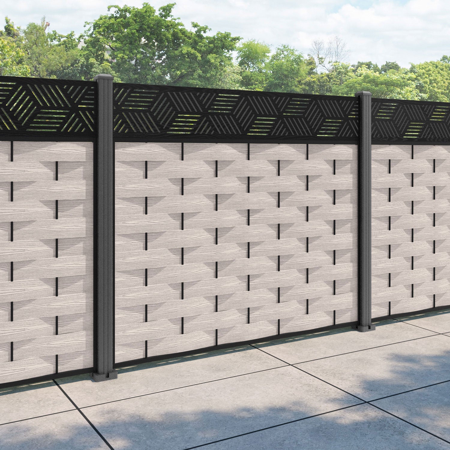 Ripple Cubed Fence Panel - Mid Stone - with our aluminium posts