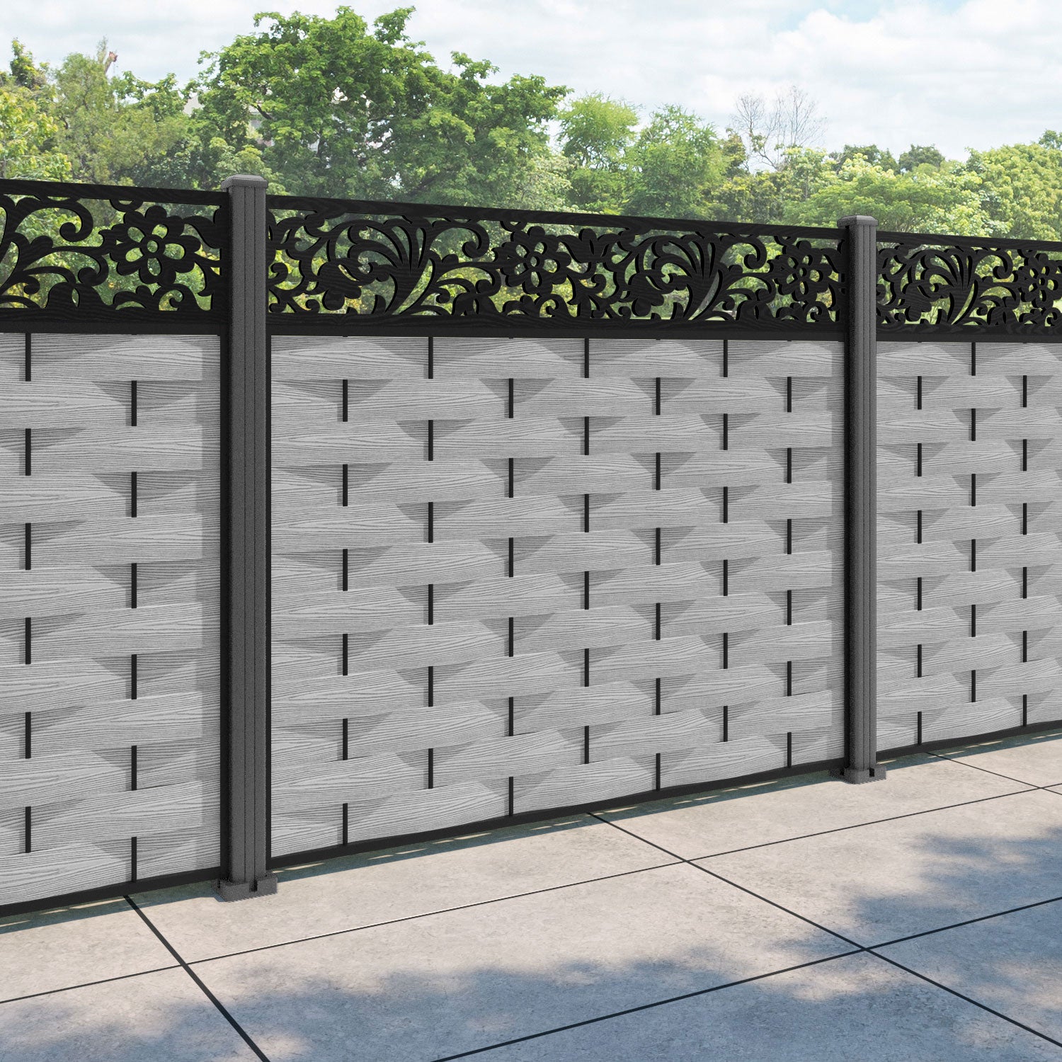 Ripple Eden Fence Panel - Light Grey - with our aluminium posts