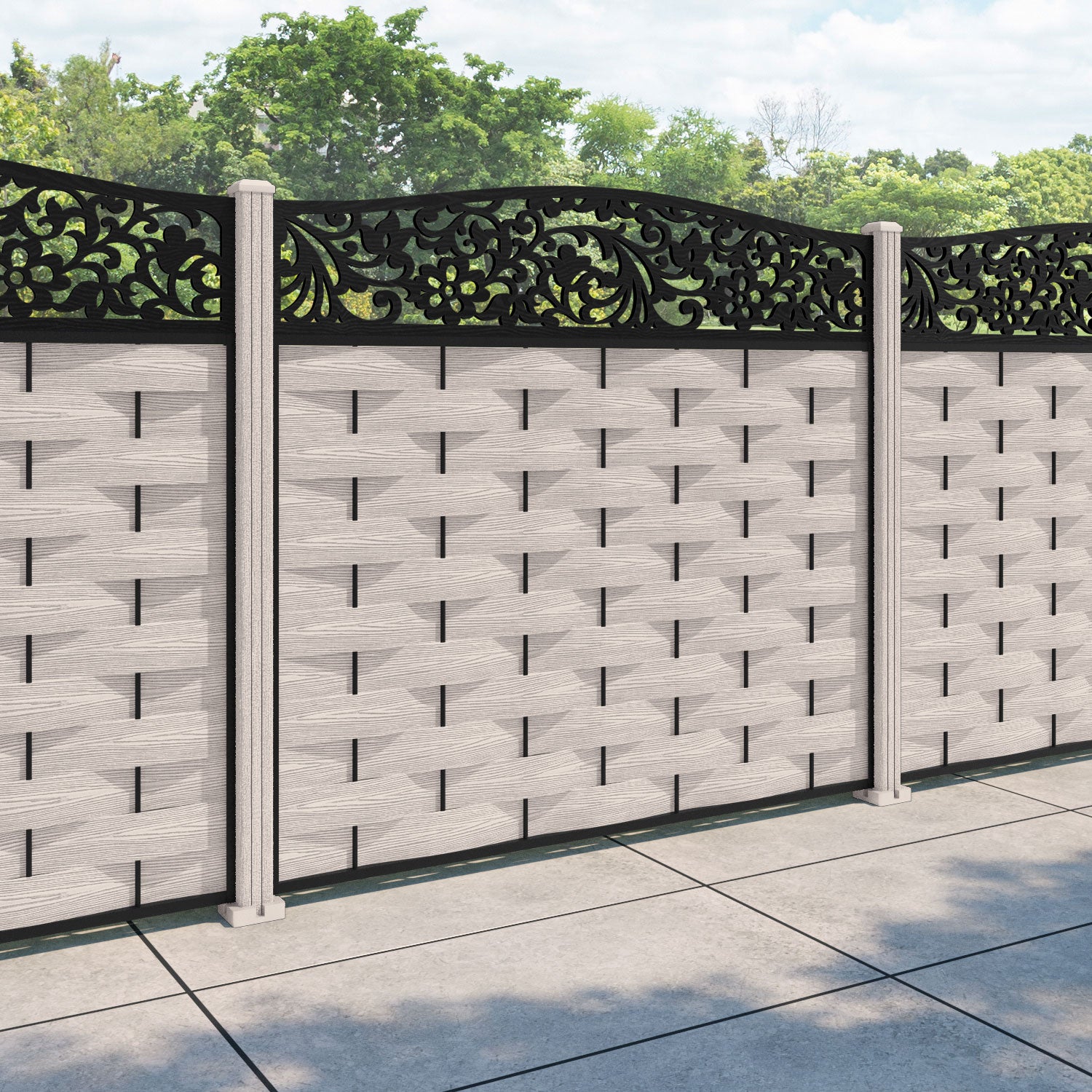 Ripple Eden Curved Top Fence Panel - Mid Stone - with our composite posts