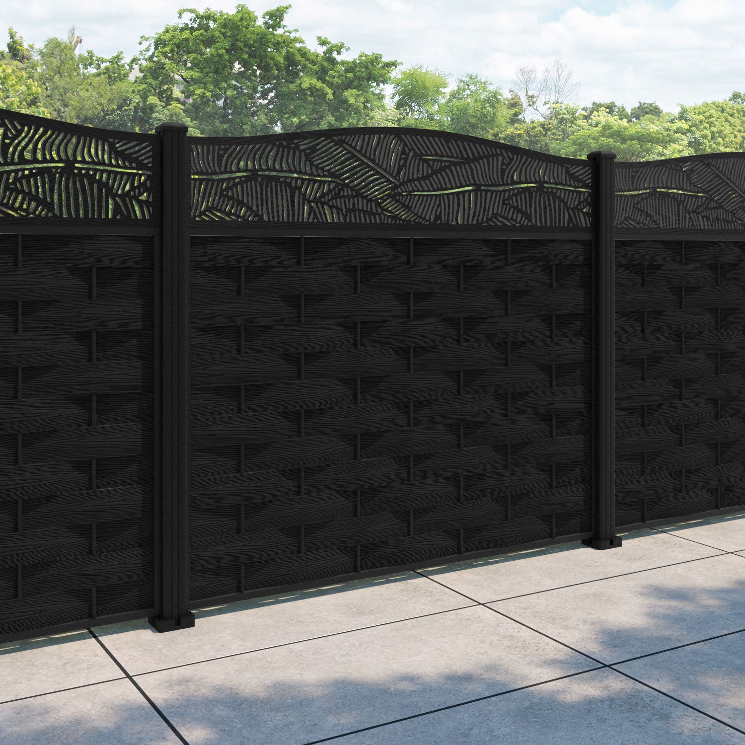 Ripple Feather Curved Top Fence Panel - Black - with our aluminium posts