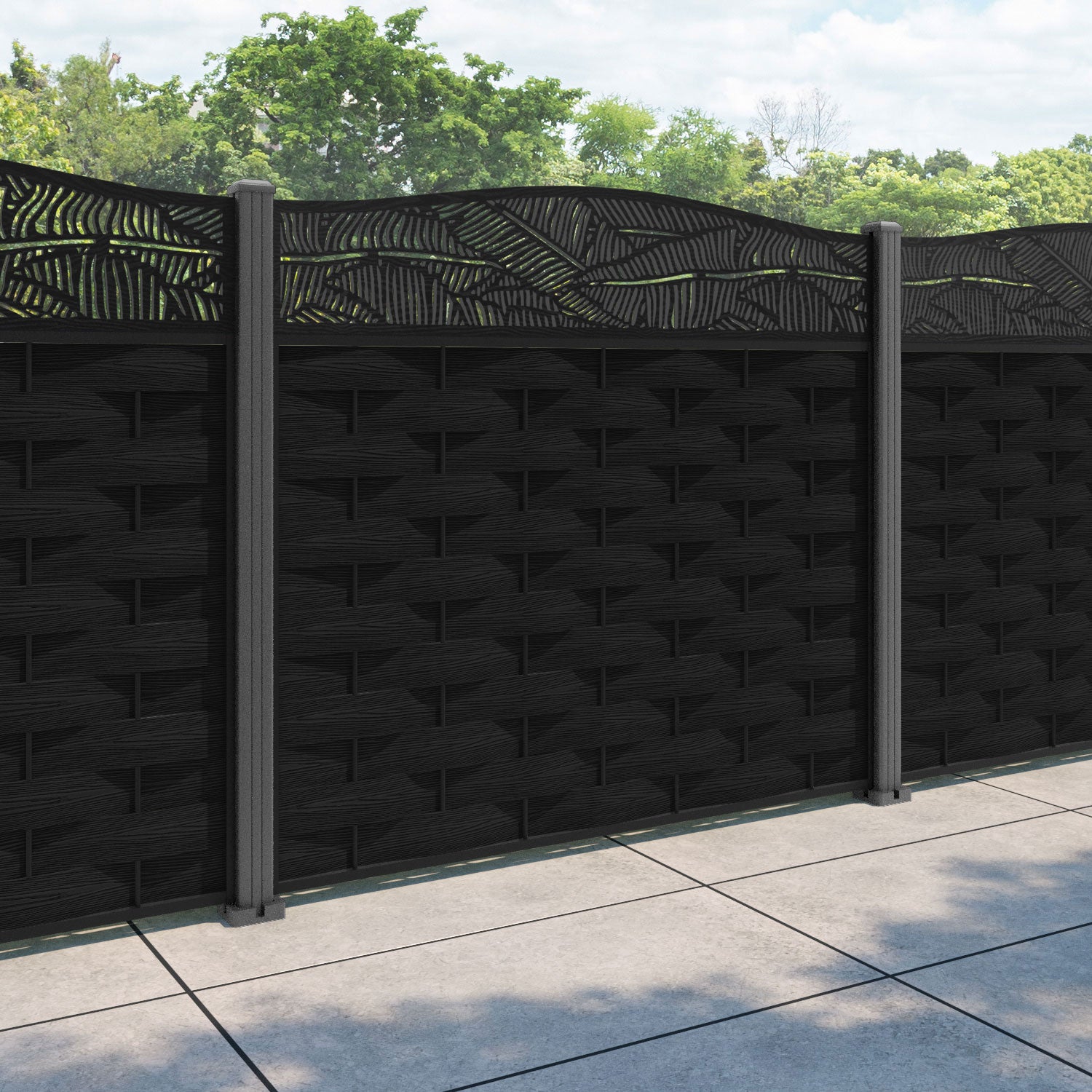 Ripple Feather Curved Top Fence Panel - Black - with our aluminium posts
