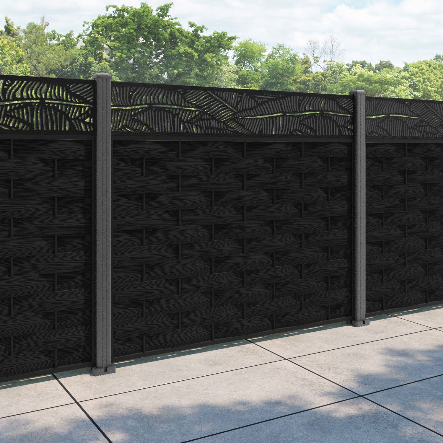 Ripple Feather Fence Panel - Black - with our aluminium posts