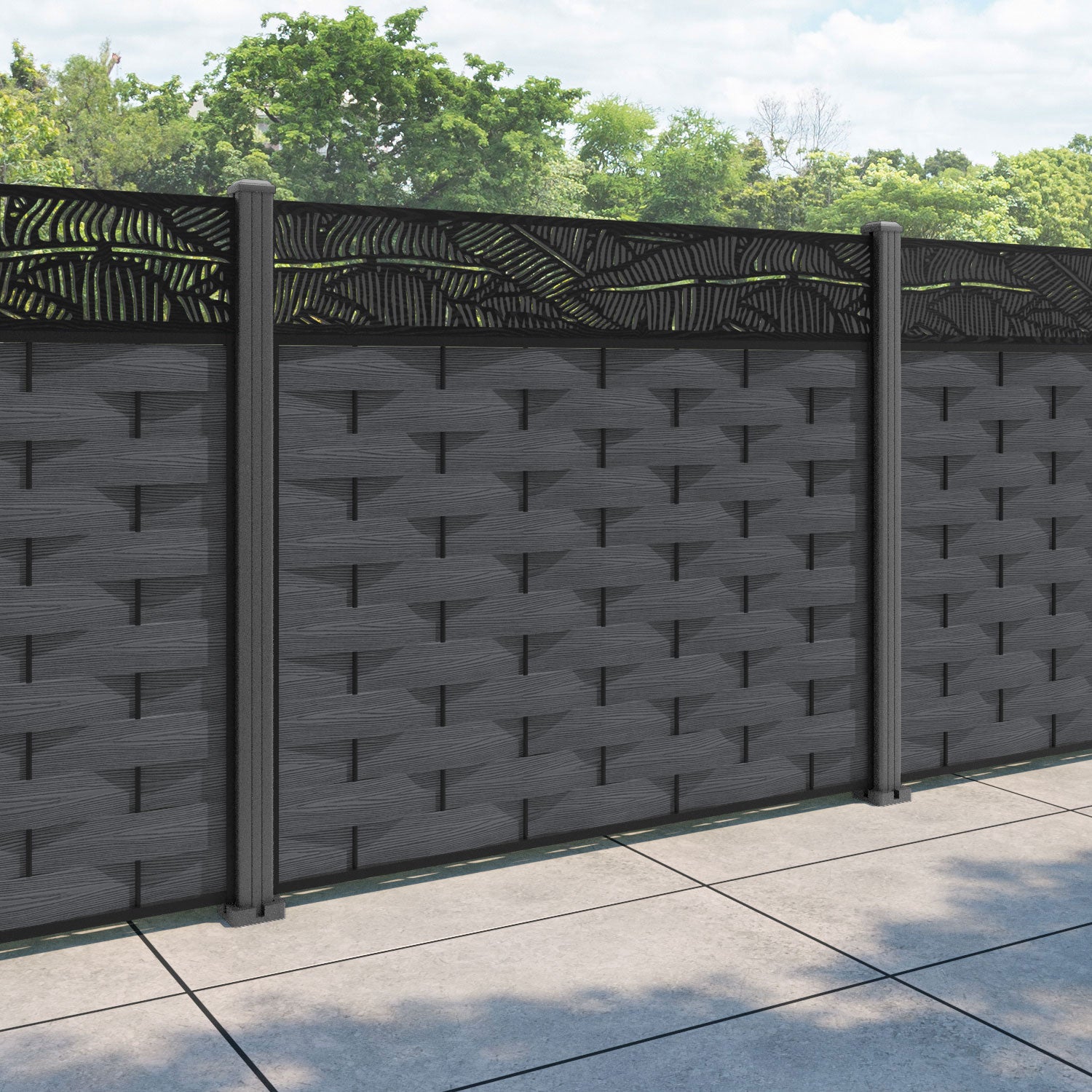 Ripple Feather Fence Panel - Dark Grey - with our aluminium posts