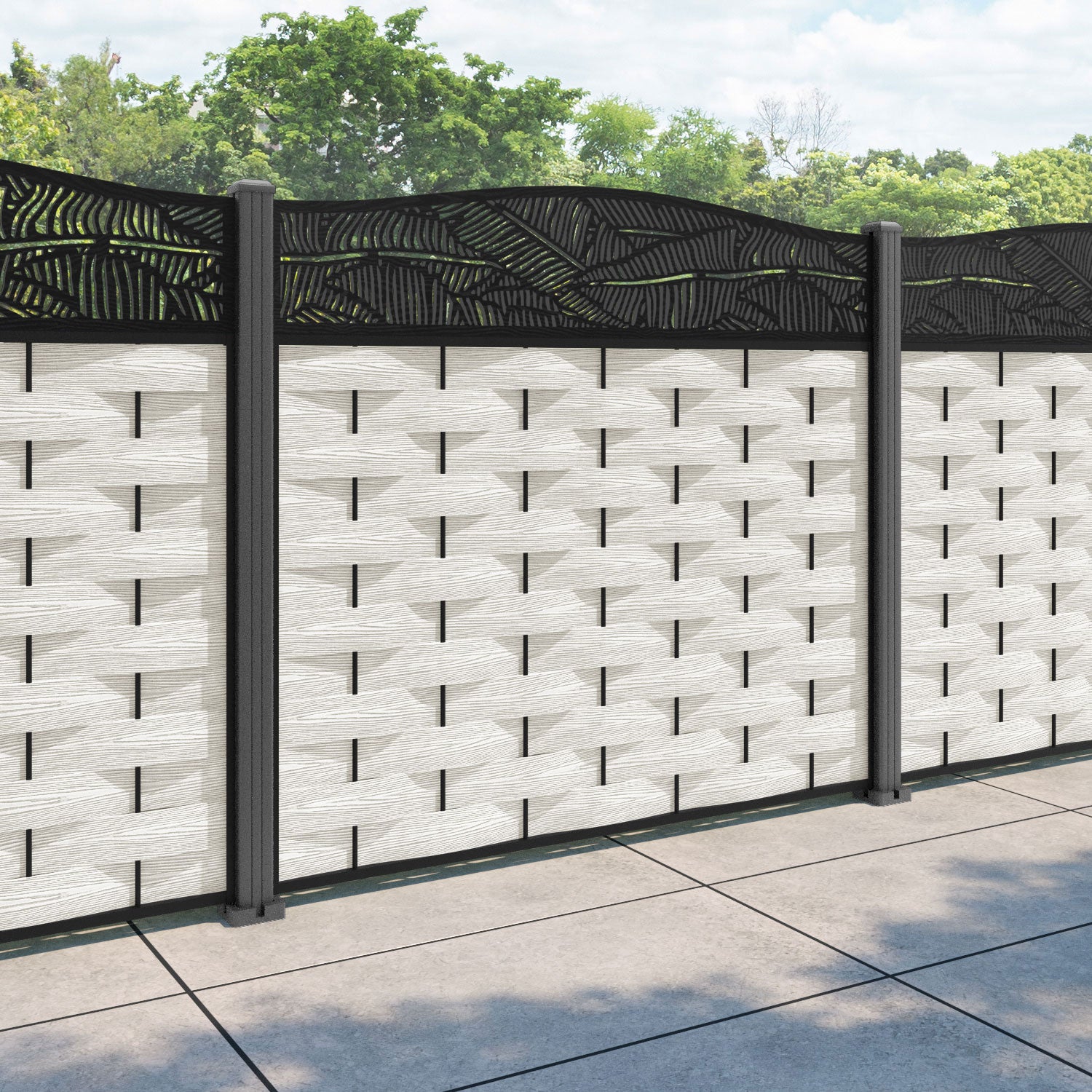 Ripple Feather Curved Top Fence Panel - Light Stone - with our aluminium posts