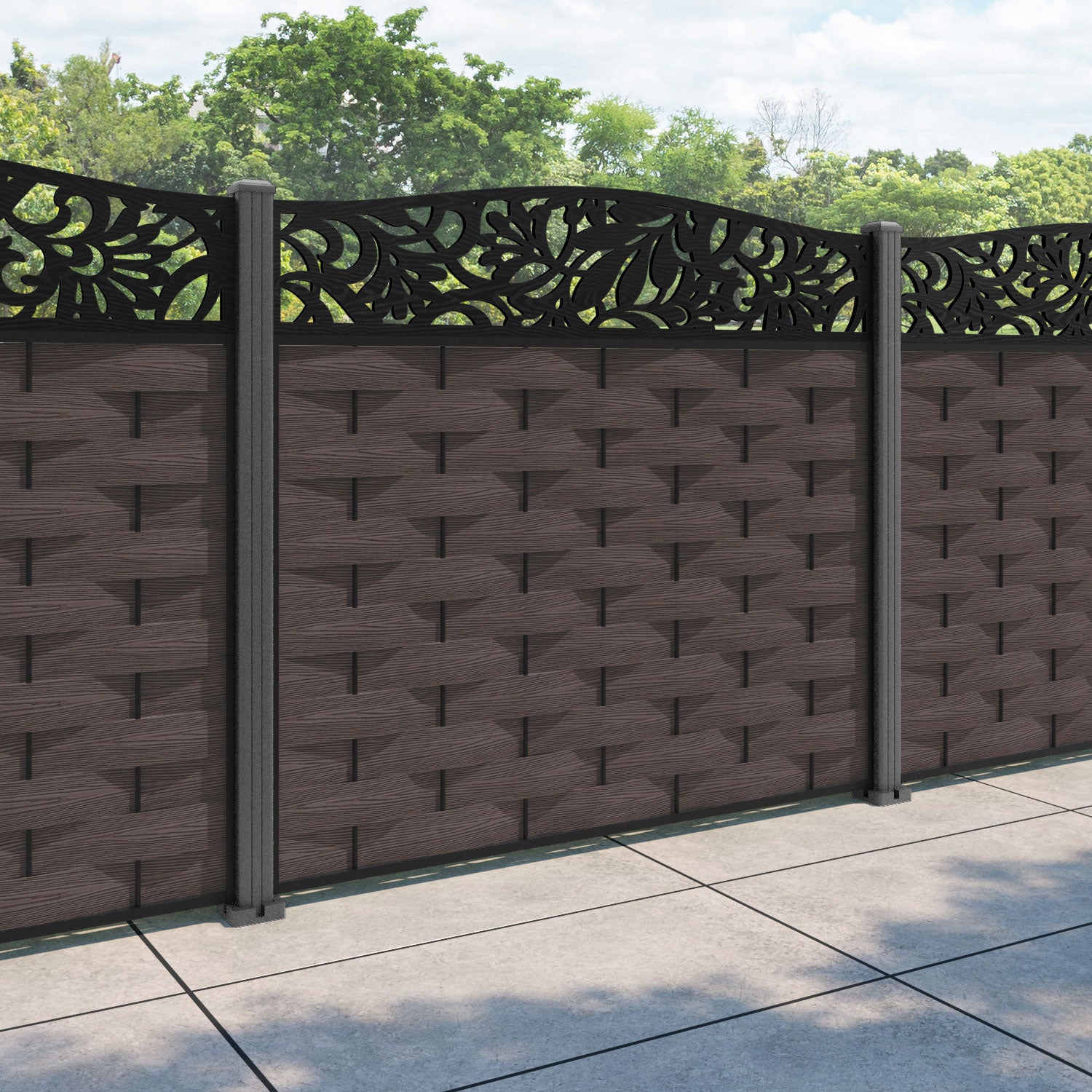 Ripple Heritage Curved Top Fence Panel - Mid Brown - with our aluminium posts