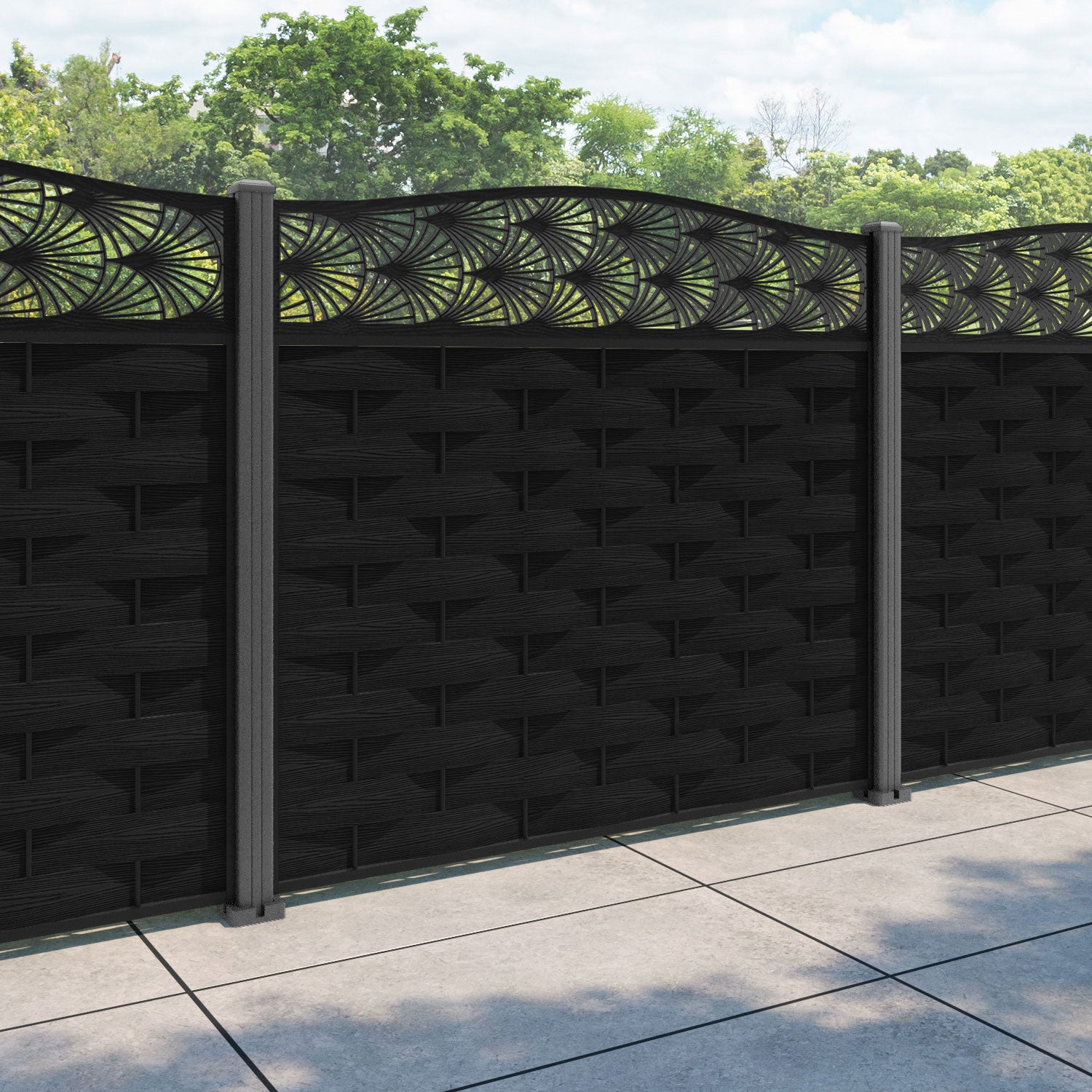 Ripple Laurel Curved Top Fence Panel - Black - with our aluminium posts