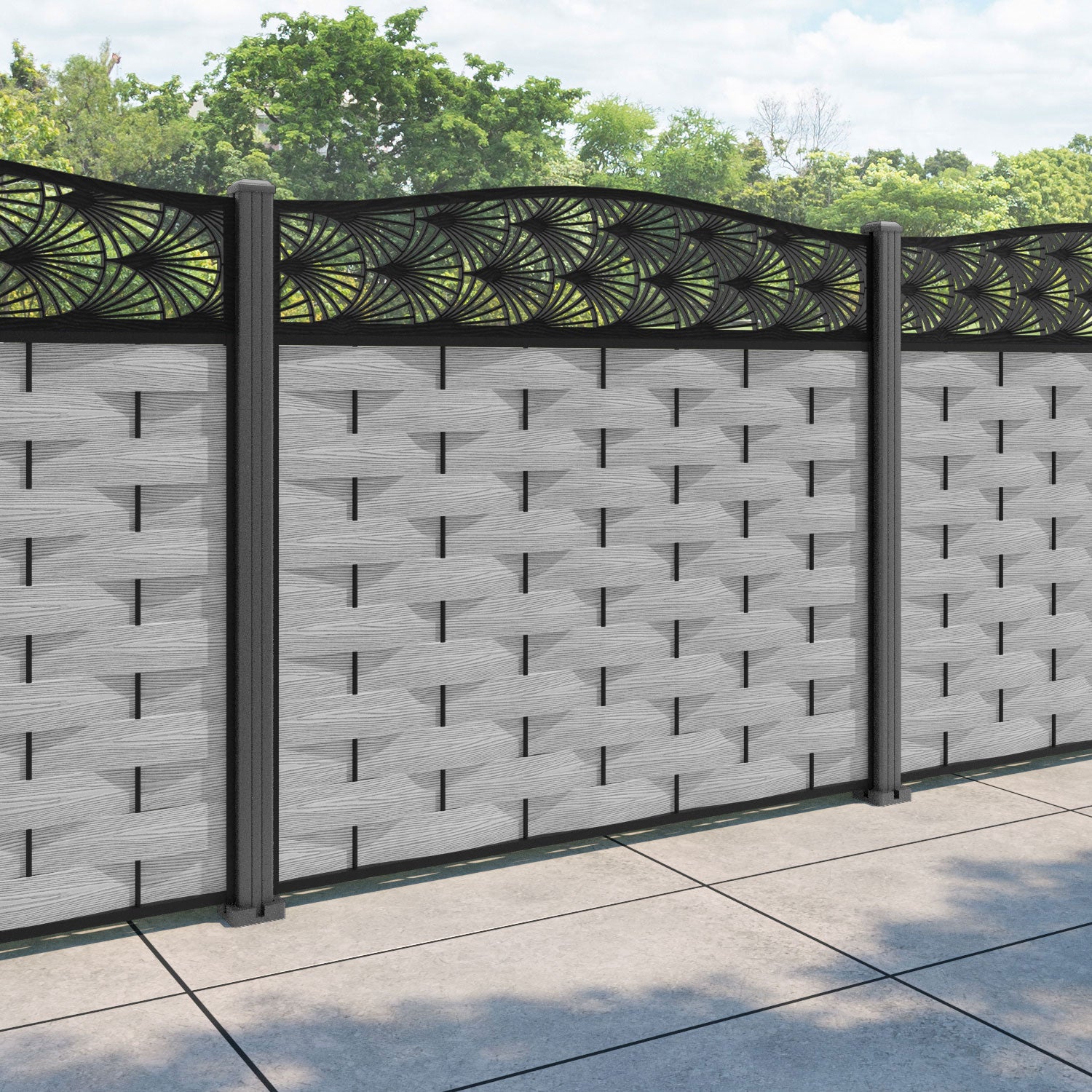 Ripple Laurel Curved Top Fence Panel - Light Grey - with our aluminium posts