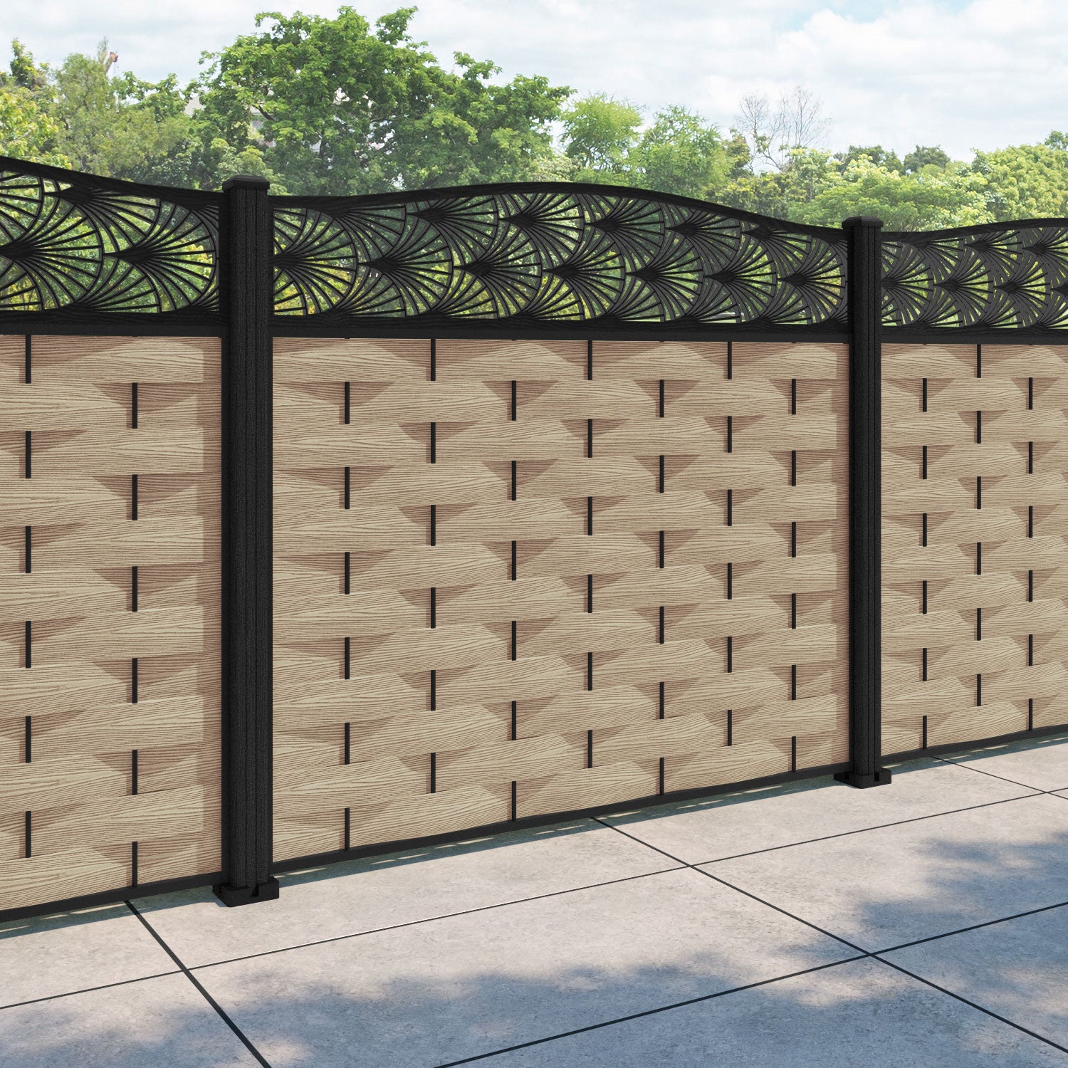 Ripple Laurel Curved Top Fence Panel - Light Oak - with our composite posts