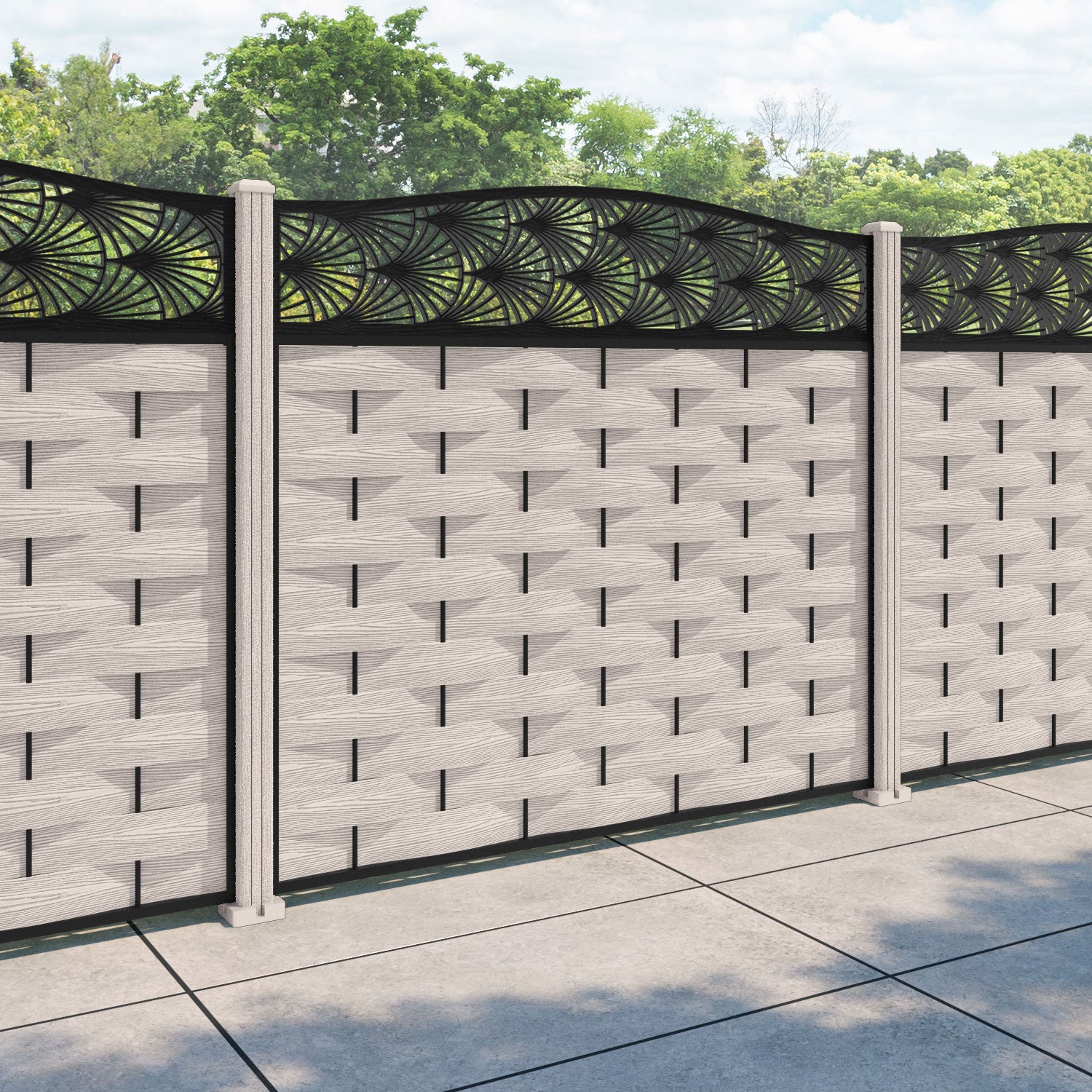 Ripple Laurel Curved Top Fence Panel - Mid Stone - with our composite posts
