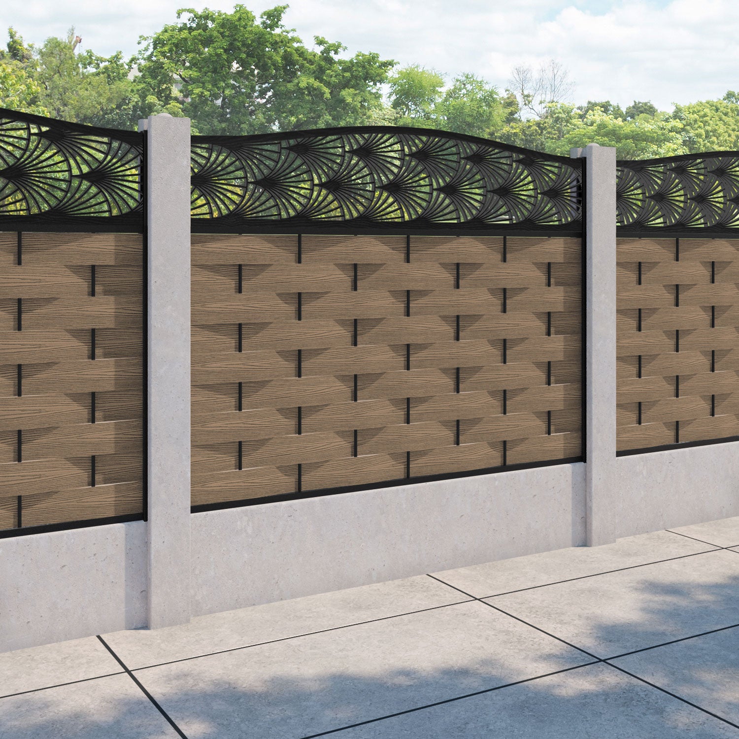 Ripple Laurel Curved Top Fence Panel - Teak - for existing concrete posts