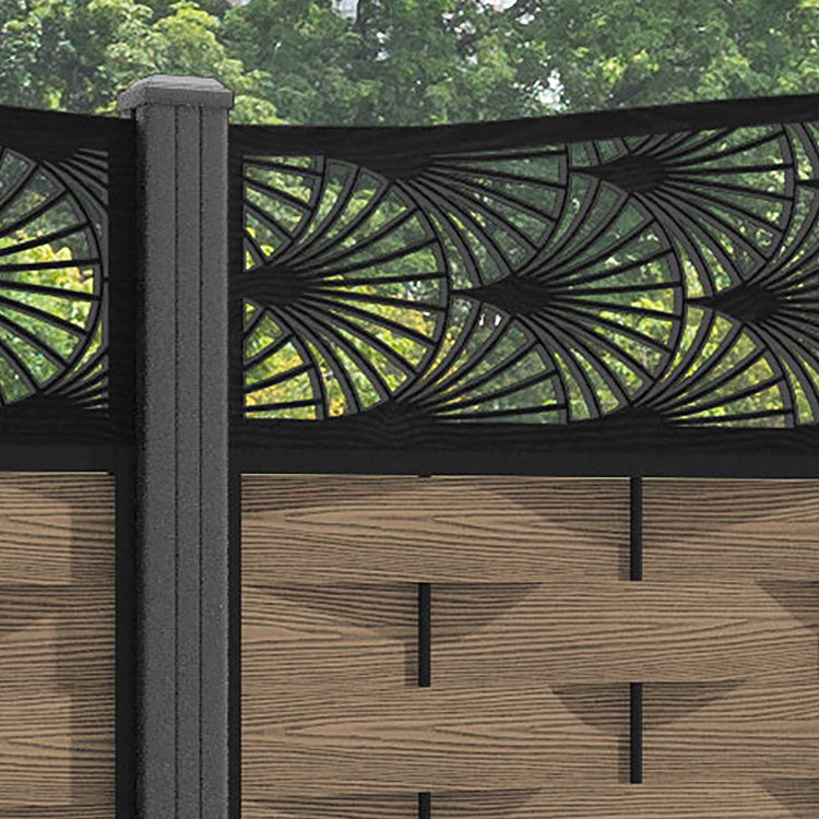 Ripple Laurel Curved Top Fence Panel - Teak - with our aluminium posts