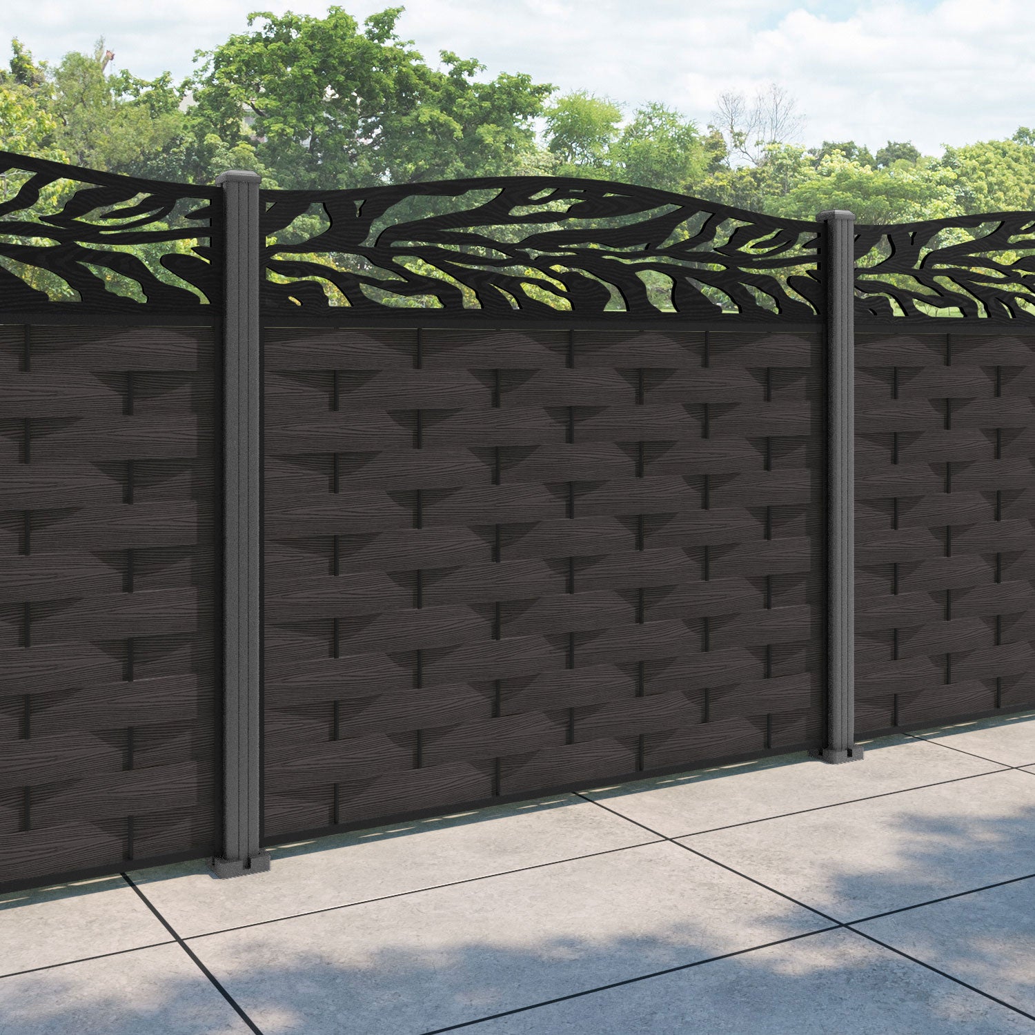 Ripple Malawi Curved Top Fence Panel - Dark Oak - with our aluminium posts